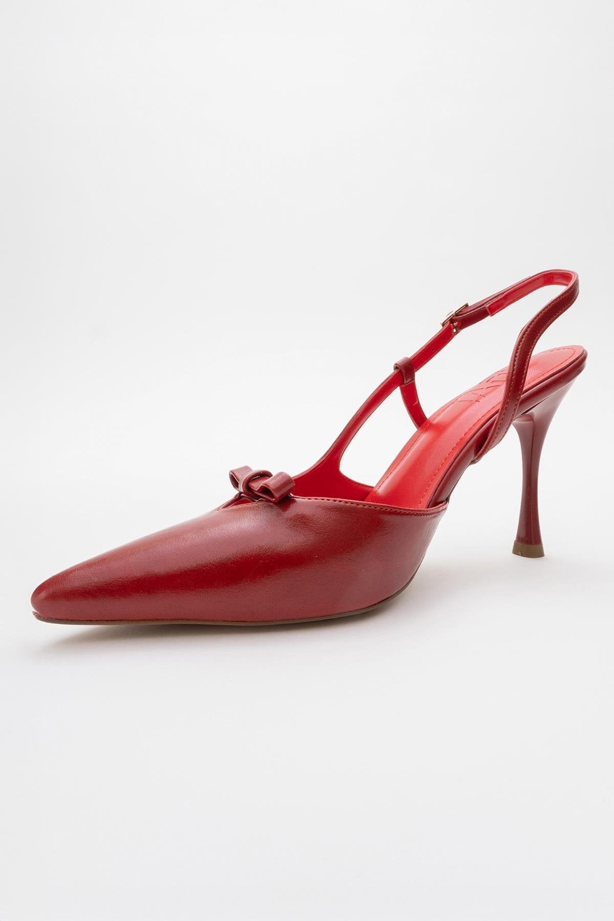 Apel - Red High Heel Shoe – heel view showing bow, leather, red, SimmiUnique