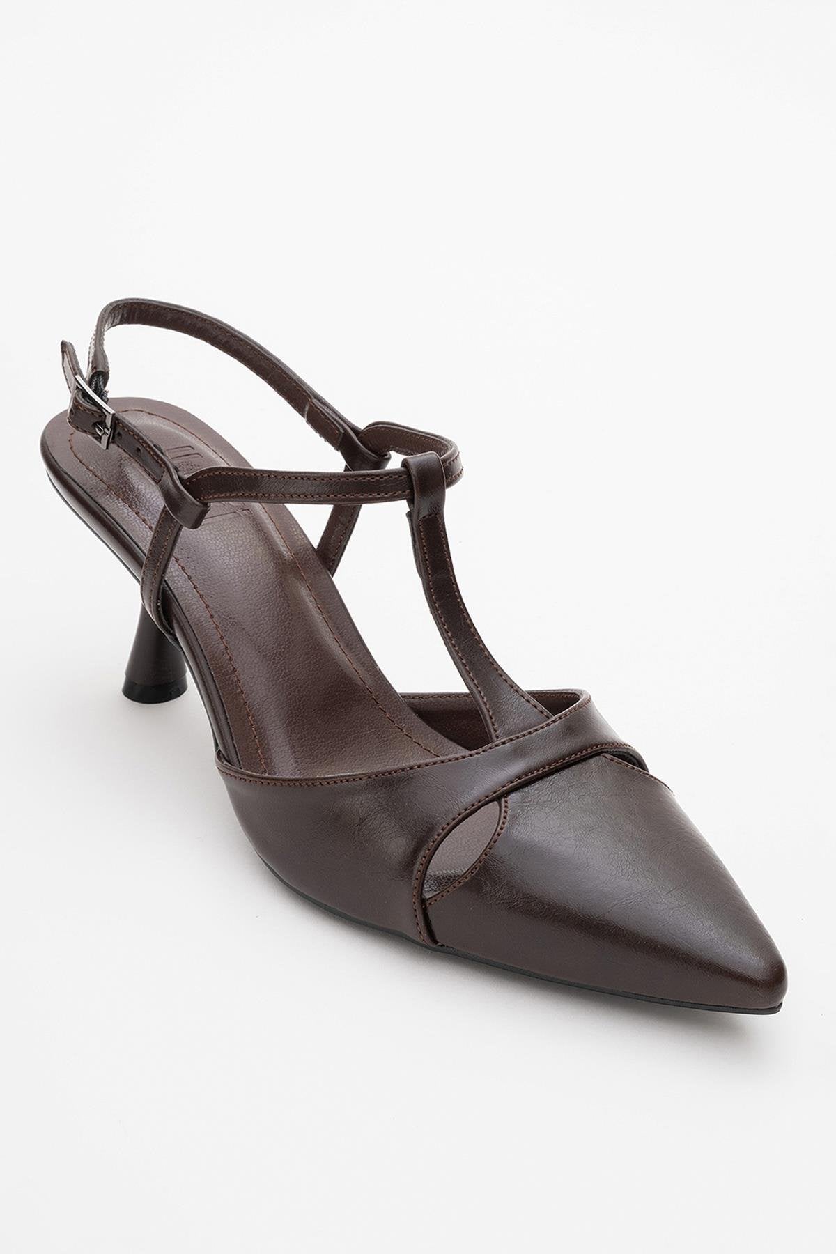 Abelia - Brown Stiletto Heel Shoe – detail view showing leather, red, SimmiUnique