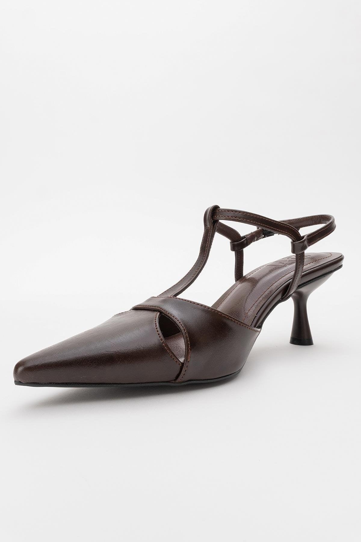 Abelia - Brown Stiletto Heel Shoe – heel view showing leather, red, SimmiUnique