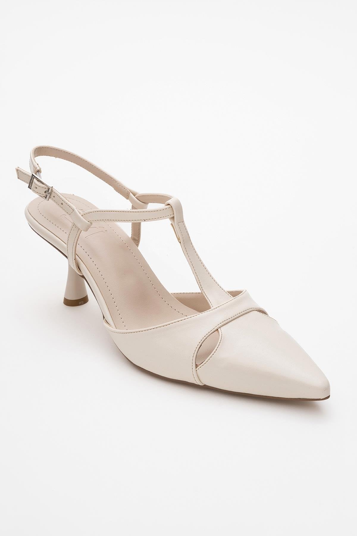 Abelia - Off-White Stiletto Heel Shoe – detail view showing leather, white, SimmiUnique