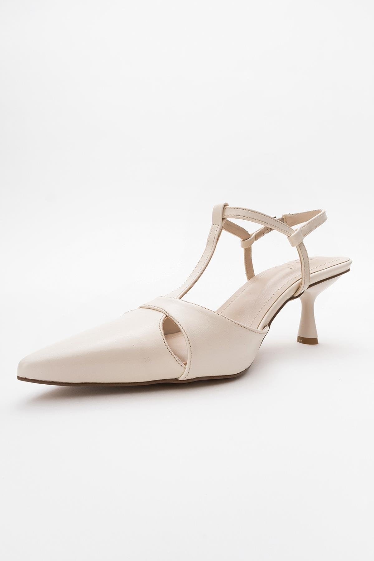 Abelia - Off-White Stiletto Heel Shoe – heel view showing leather, white, SimmiUnique