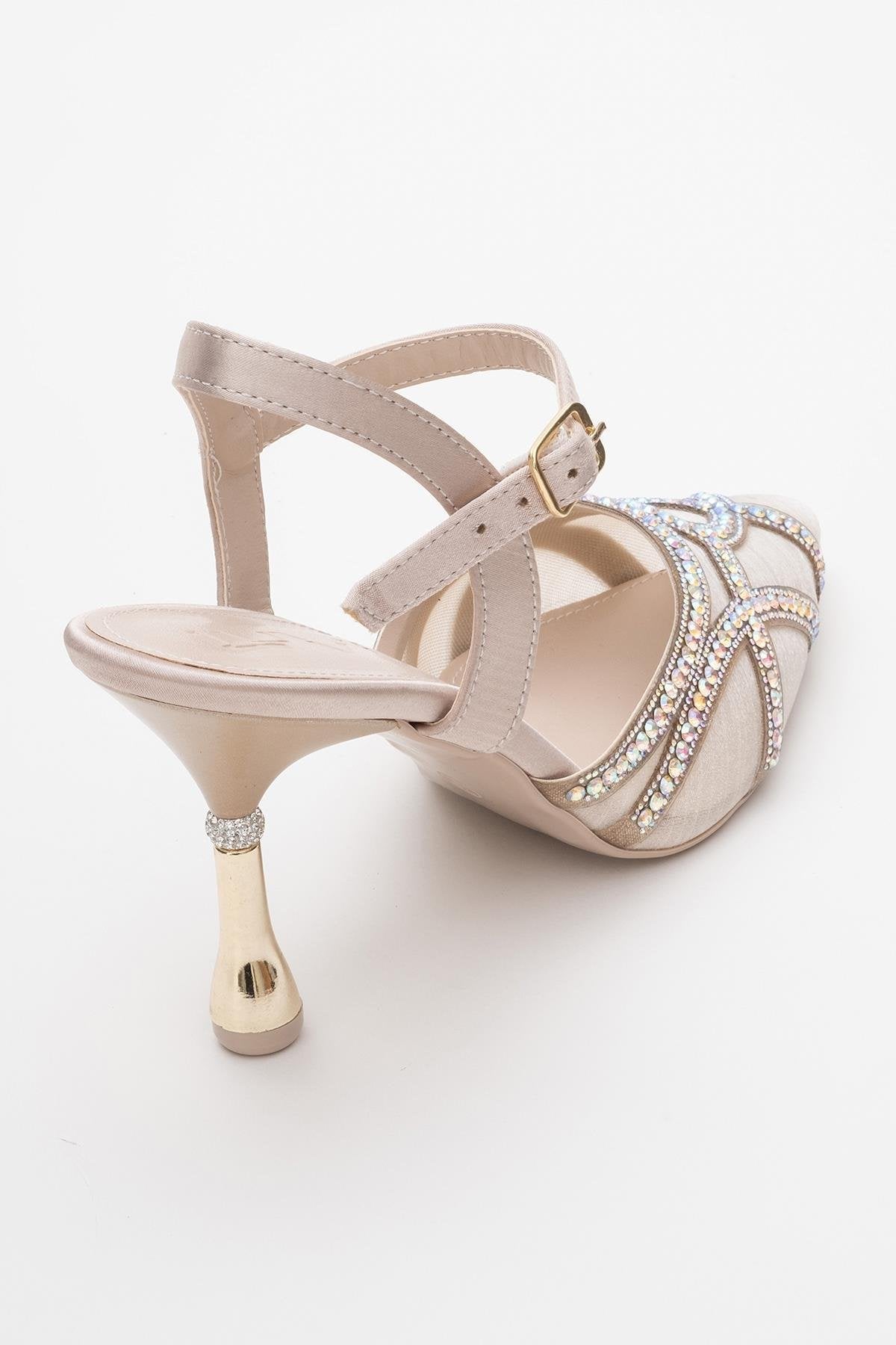 Volby - Beige Embellished Evening Shoe – back view showing crystal, satin, leather, SimmiUnique