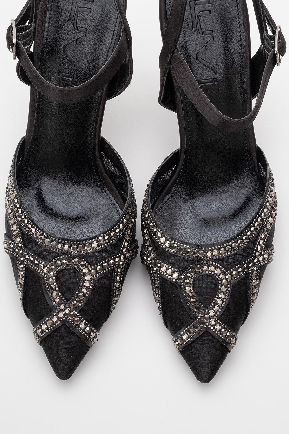 Volby - Black Embellished Evening Shoe – side view showing satin, leather, black, SimmiUnique