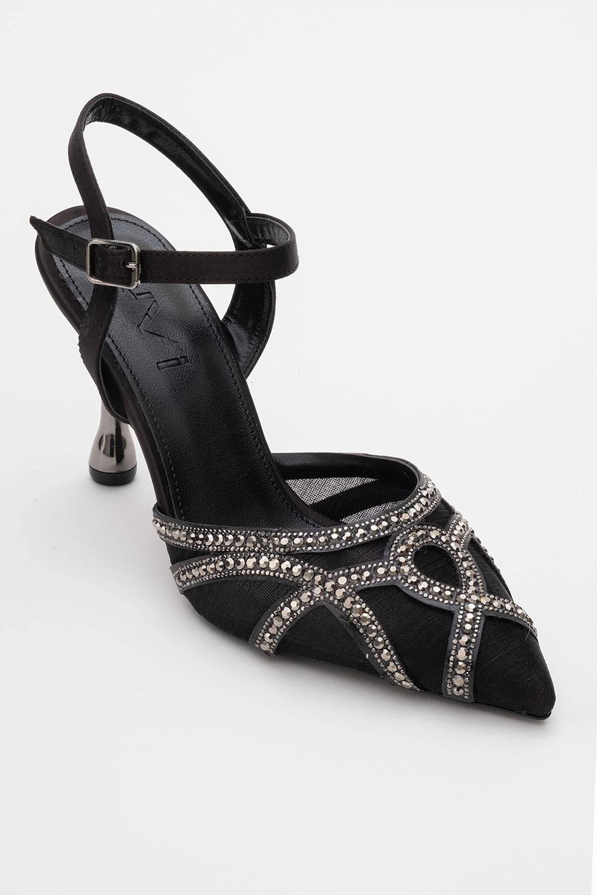 Volby - Black Embellished Evening Shoe – detail view showing satin, leather, black, SimmiUnique
