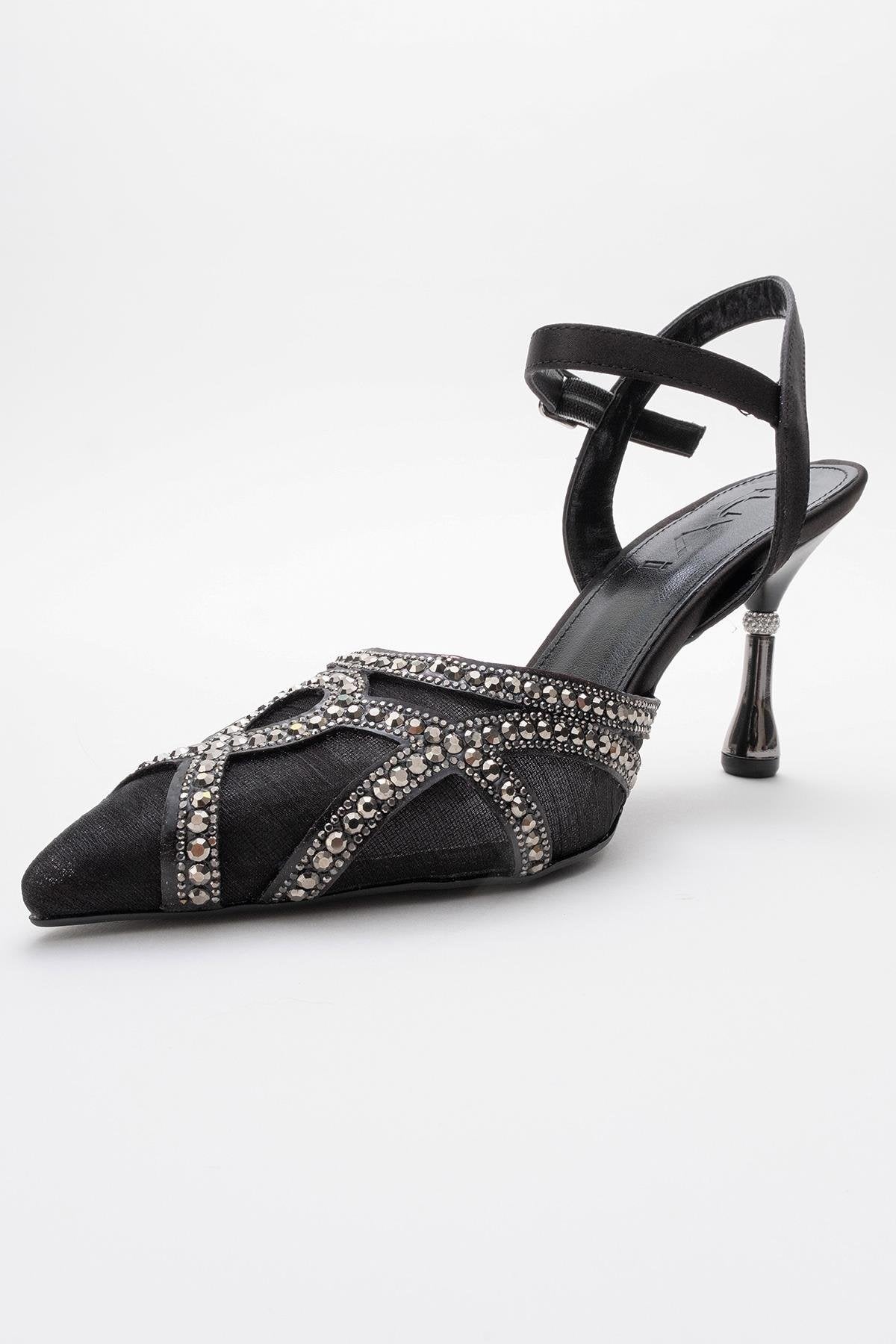 Volby - Black Embellished Evening Shoe – heel view showing satin, leather, black, SimmiUnique
