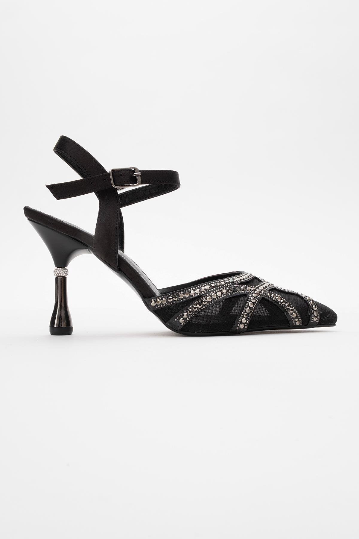 Volby - Black Embellished Evening Shoe – top view showing satin, leather, black, SimmiUnique