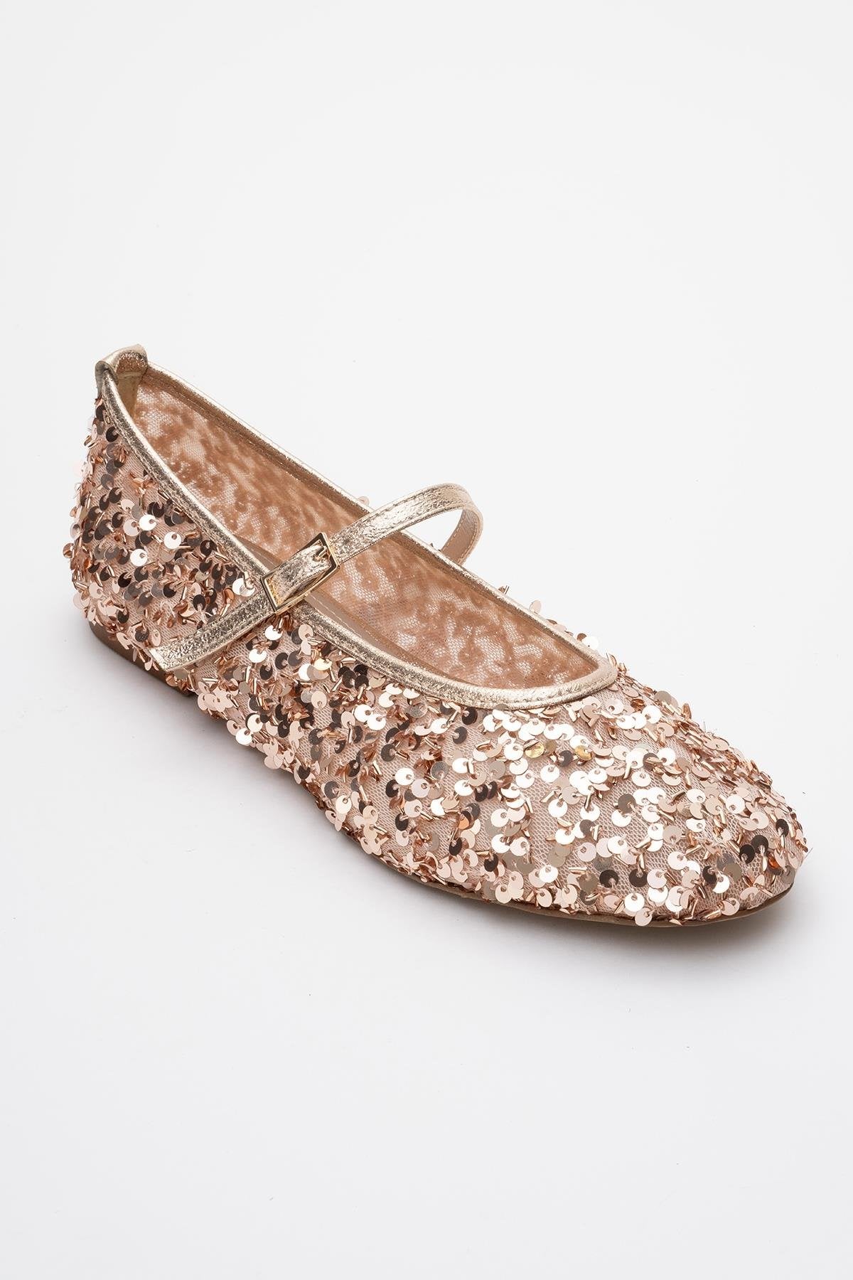Lush - Rose Sequin Single-Band Ballet Flat – detail view showing leather, sequin, mesh, SimmiUnique