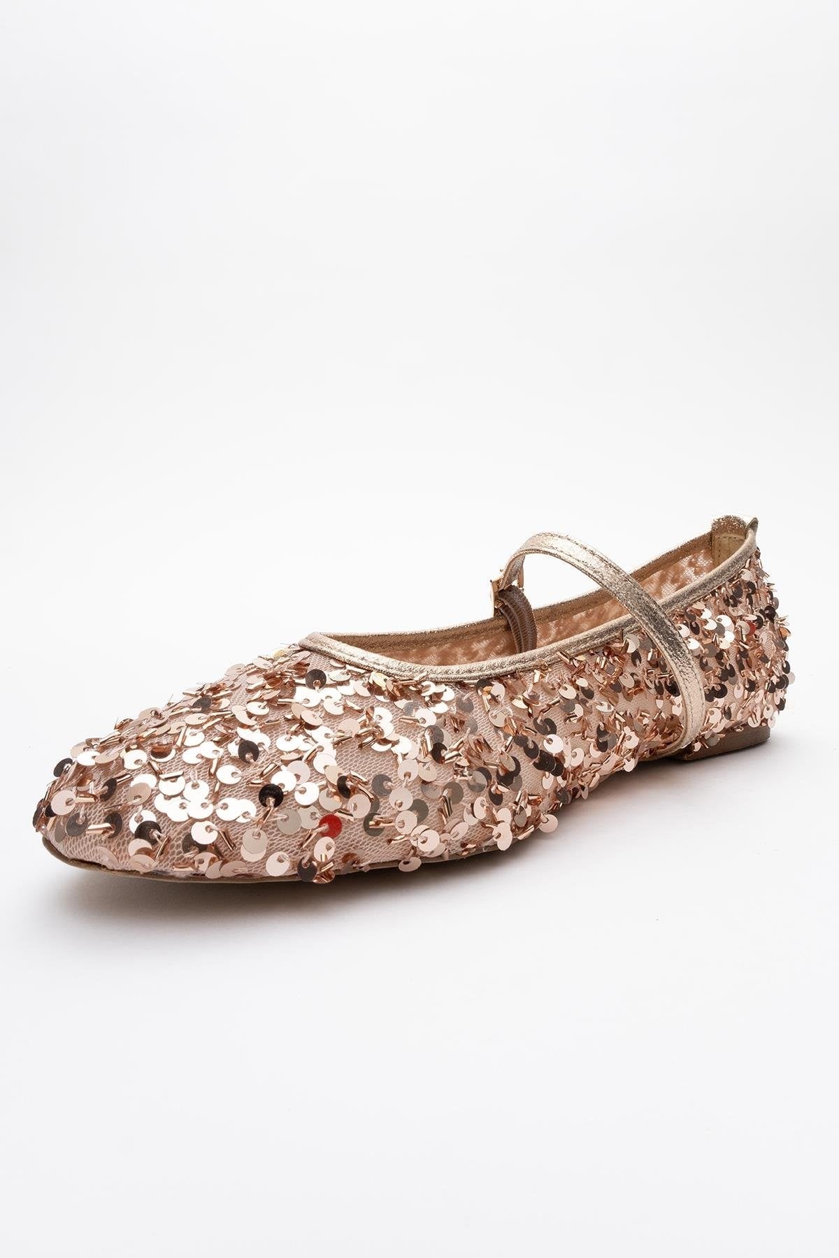 Lush - Rose Sequin Single-Band Ballet Flat – heel view showing leather, sequin, mesh, SimmiUnique