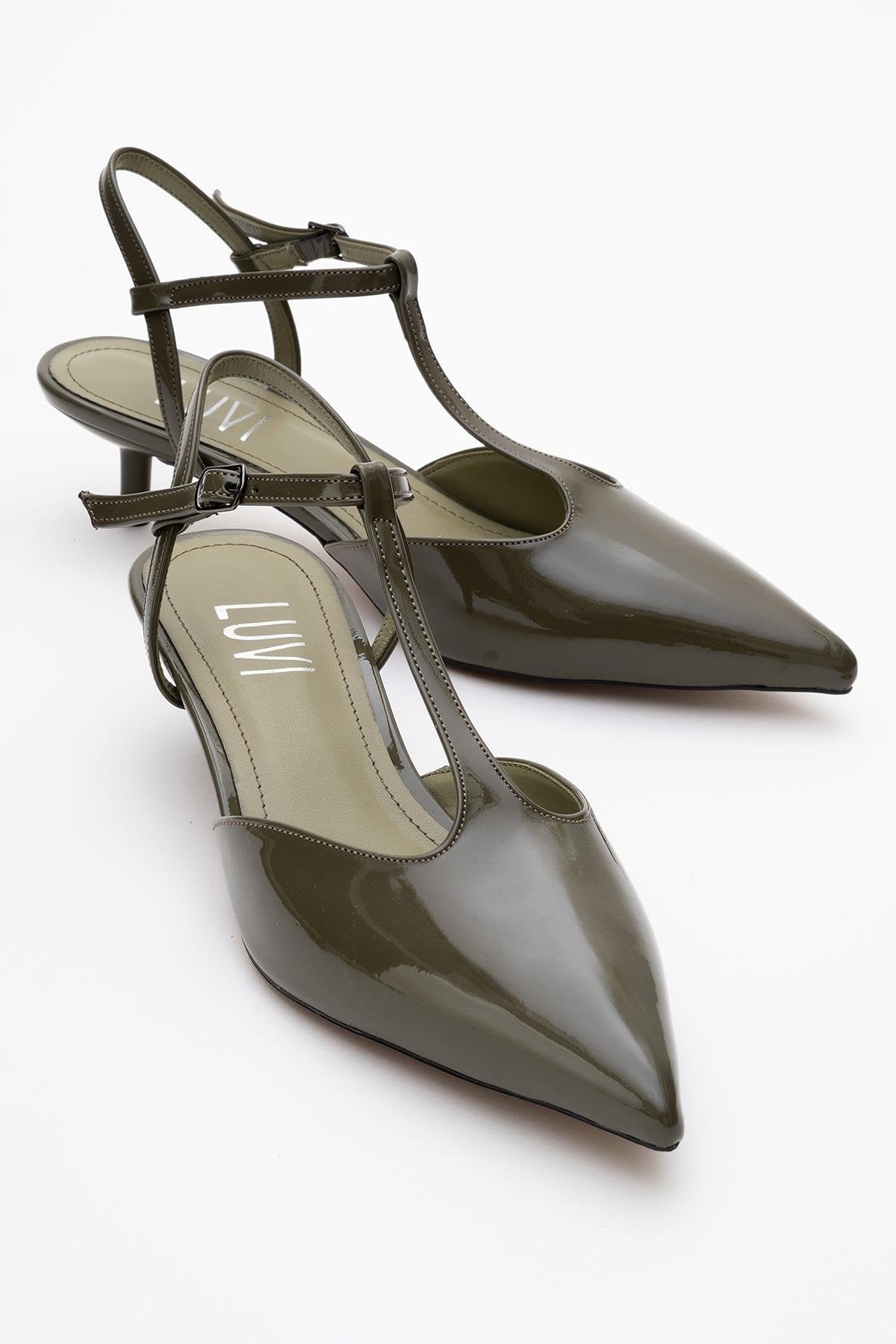 Asher - Khaki Pointed Toe Backless Short Heel Shoe – front three-quarter view showing leather, SimmiUnique