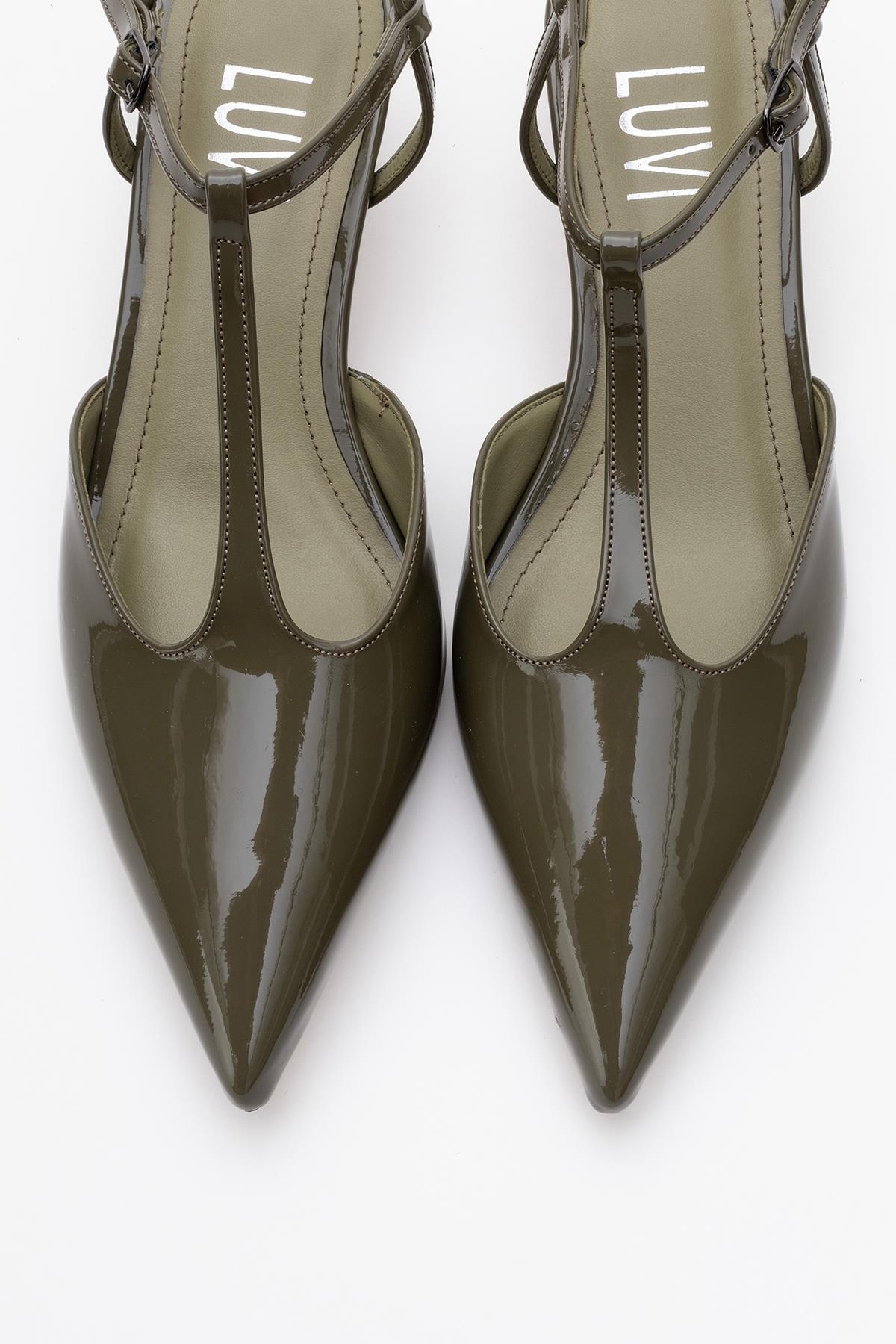 Asher - Khaki Pointed Toe Backless Short Heel Shoe – side view showing leather, SimmiUnique