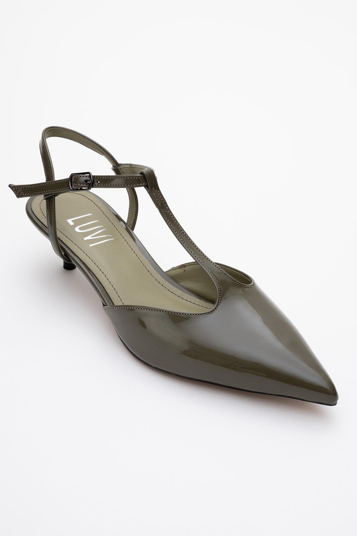 Asher - Khaki Pointed Toe Backless Short Heel Shoe – detail view showing leather, SimmiUnique