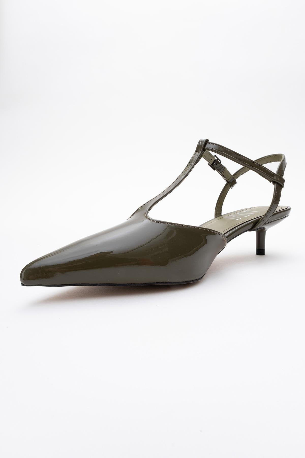 Asher - Khaki Pointed Toe Backless Short Heel Shoe – heel view showing leather, SimmiUnique