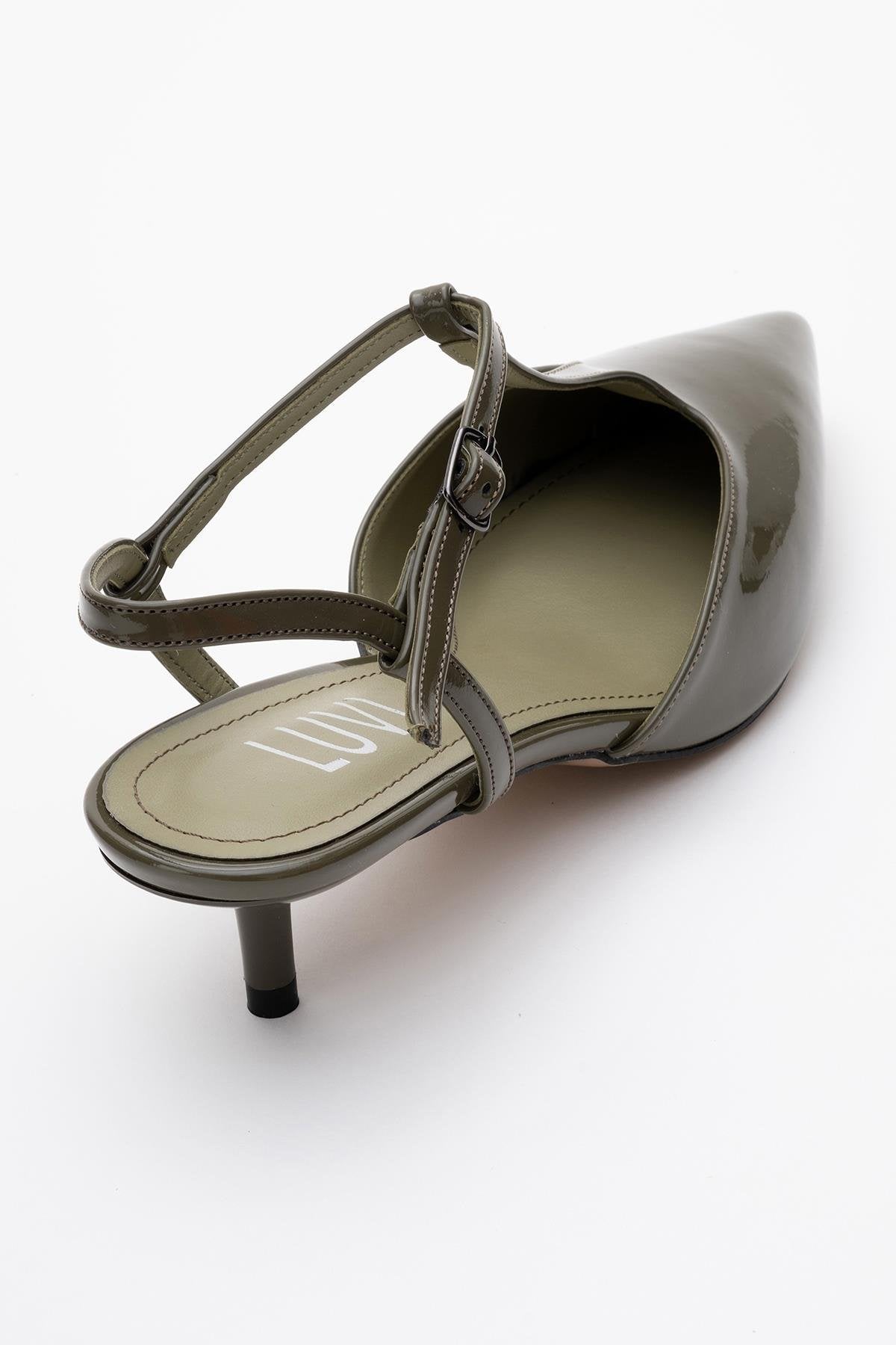 Asher - Khaki Pointed Toe Backless Short Heel Shoe – back view showing leather, SimmiUnique
