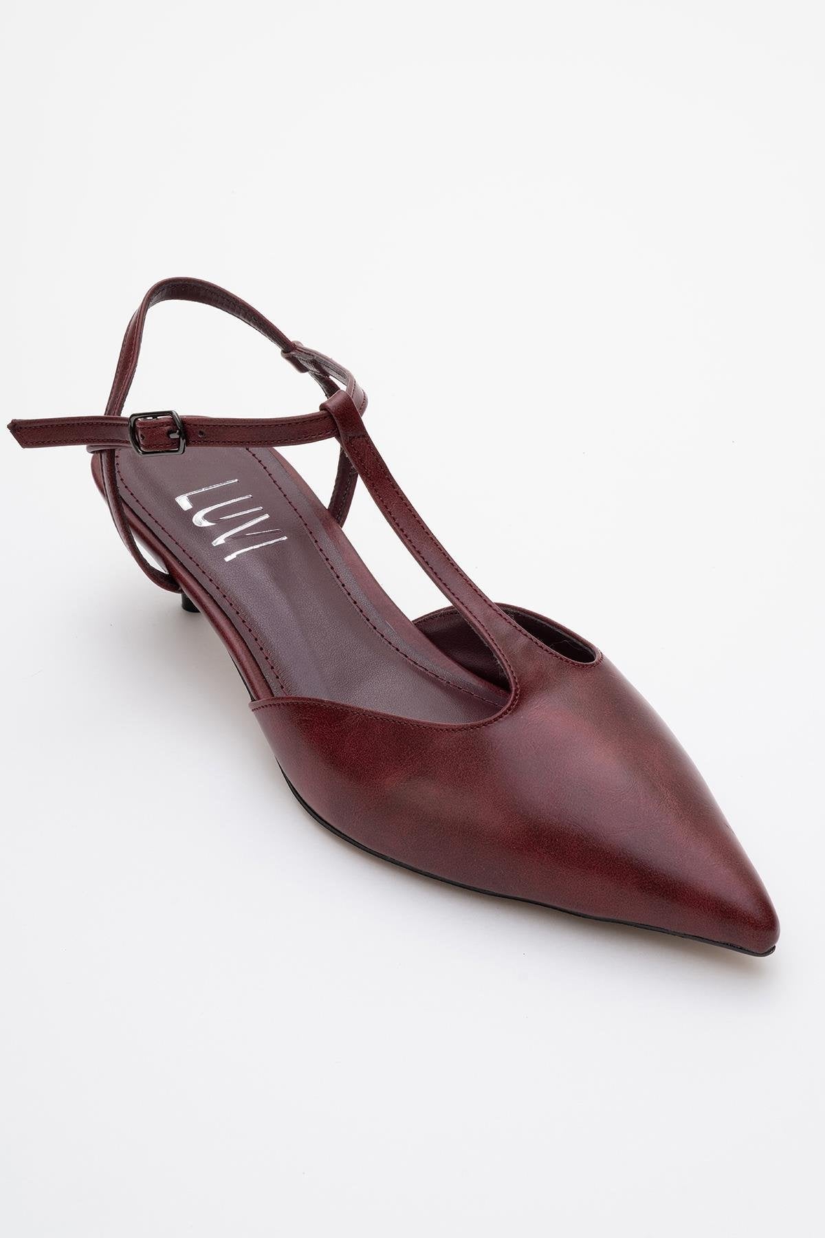 Asher - Burgundy Pointed Toe Backless Low Heel Pump – detail view showing leather, SimmiUnique