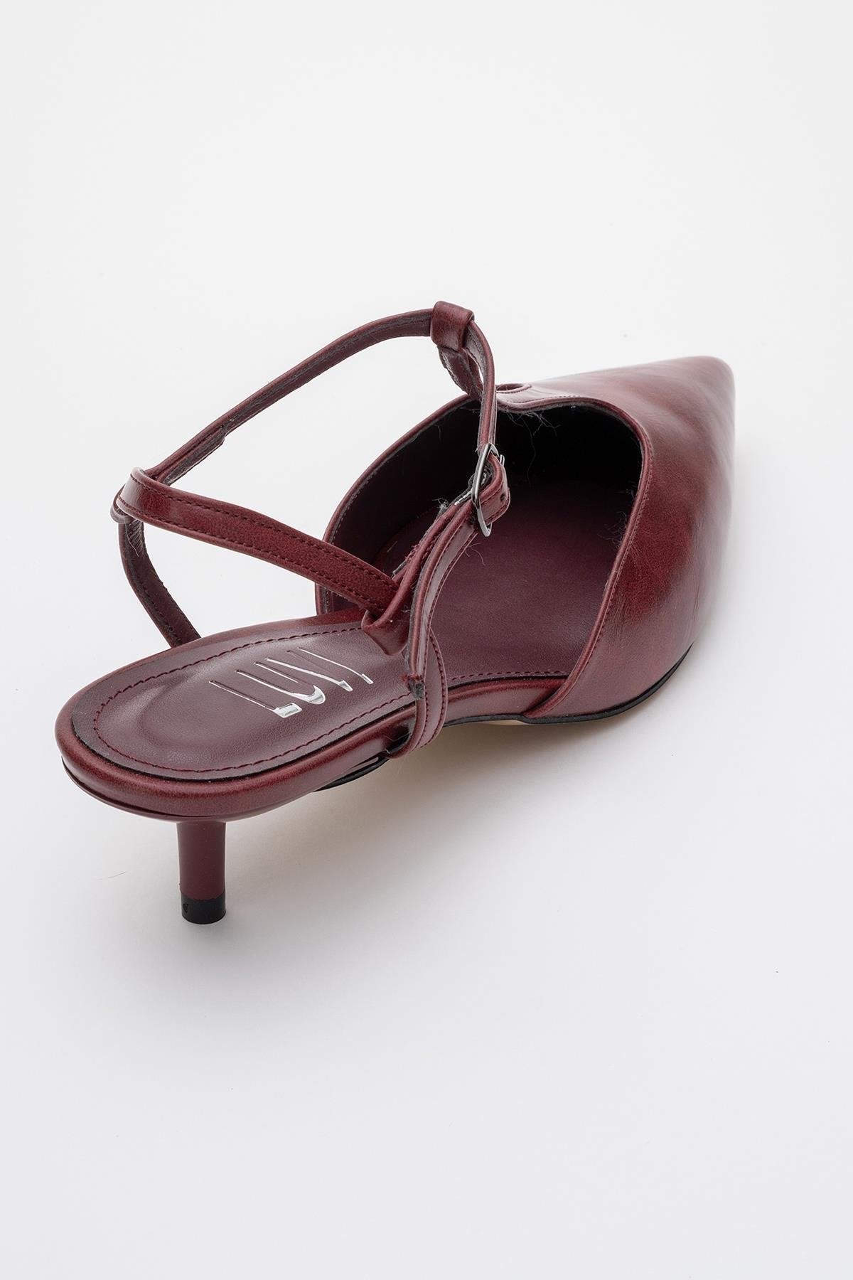 Asher - Burgundy Pointed Toe Backless Low Heel Pump – back view showing leather, SimmiUnique