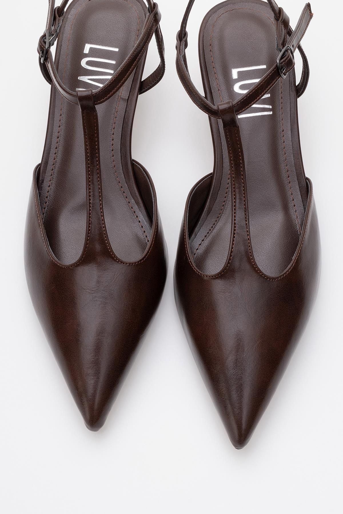 Asher - Brown Pointed Toe Backless Low Heel Pump – side view showing leather, SimmiUnique