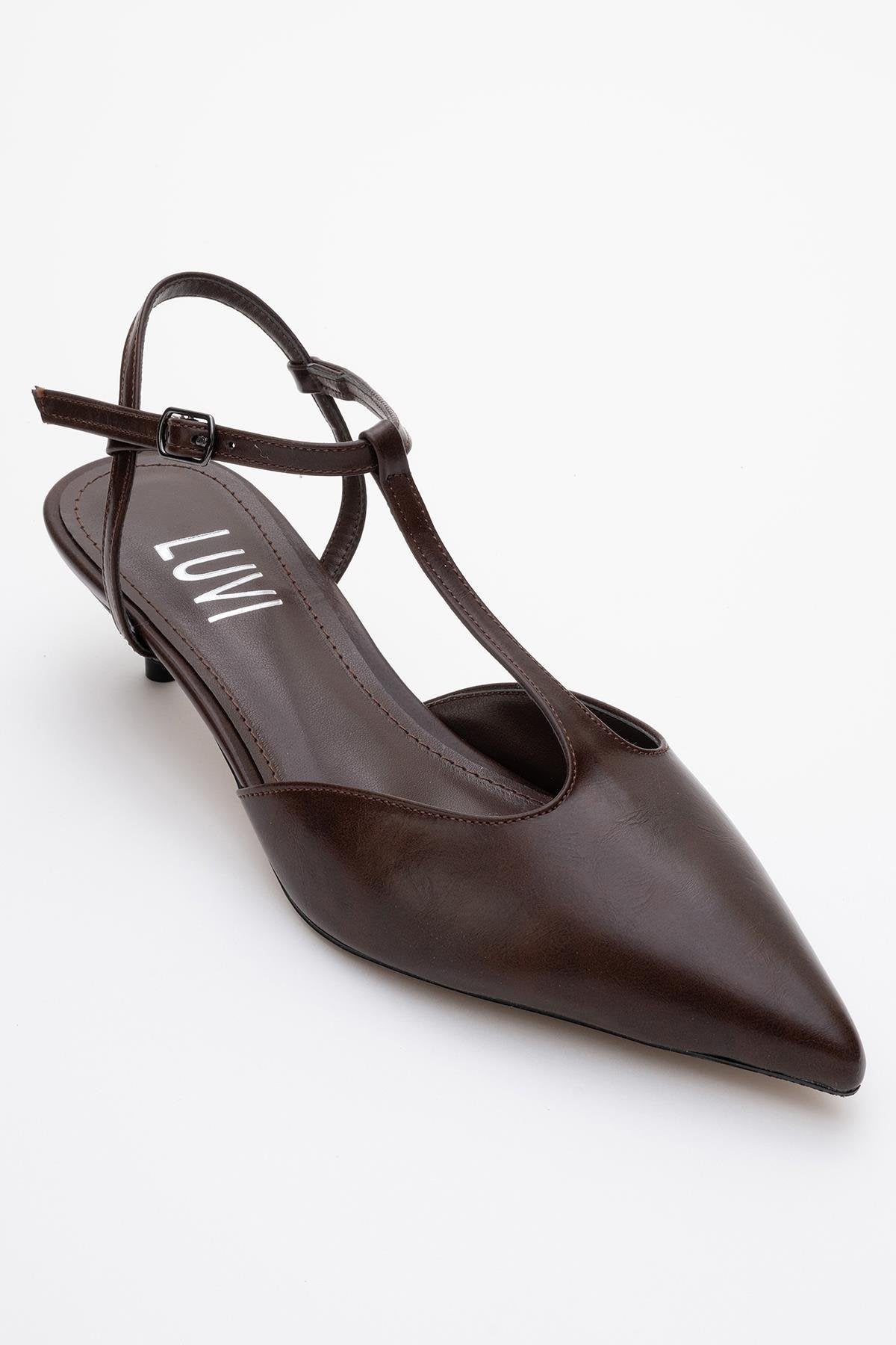 Asher - Brown Pointed Toe Backless Low Heel Pump – detail view showing leather, SimmiUnique