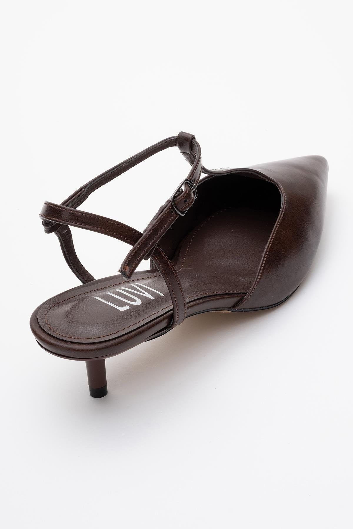 Asher - Brown Pointed Toe Backless Low Heel Pump – back view showing leather, SimmiUnique