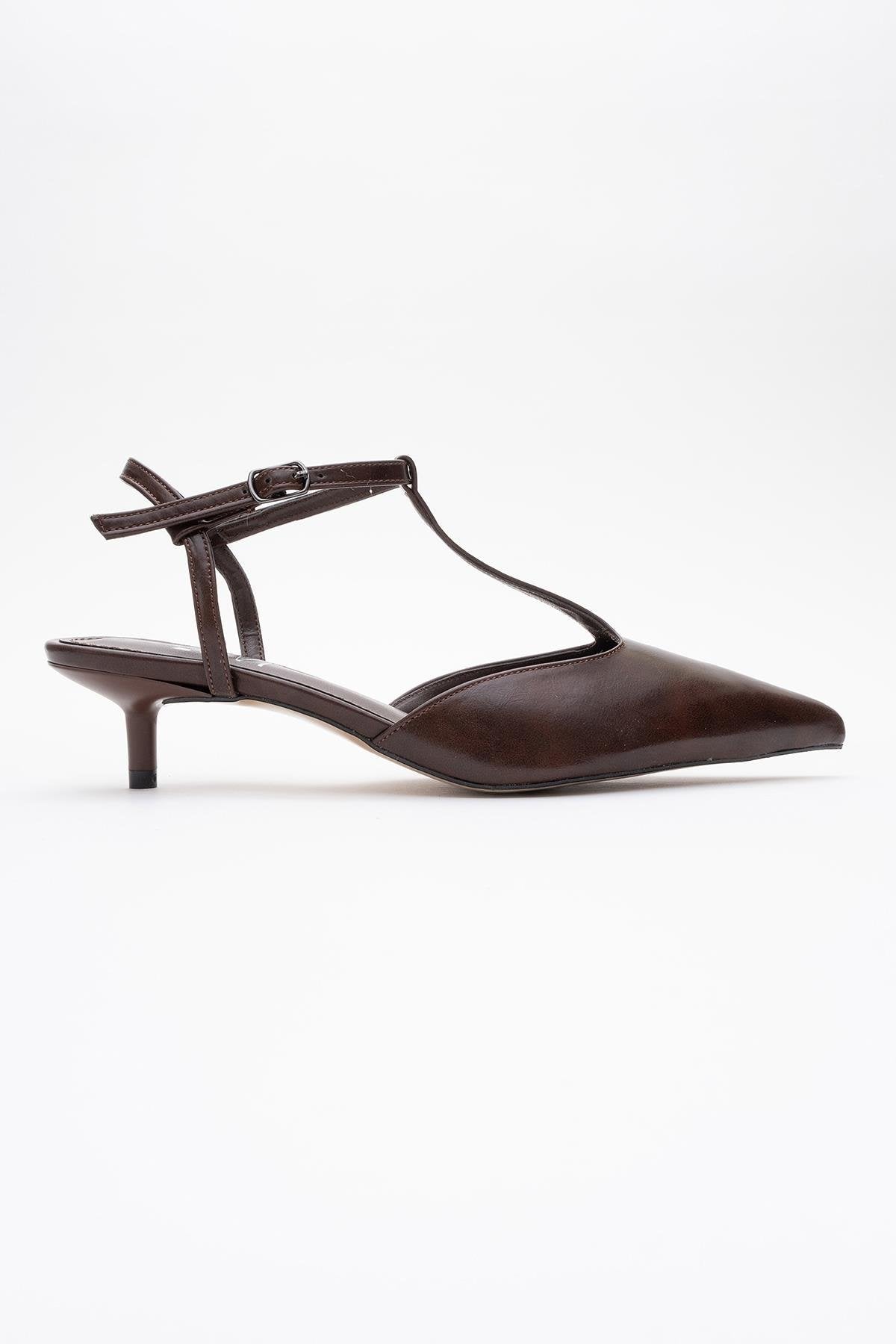 Asher - Brown Pointed Toe Backless Low Heel Pump – top view showing leather, SimmiUnique