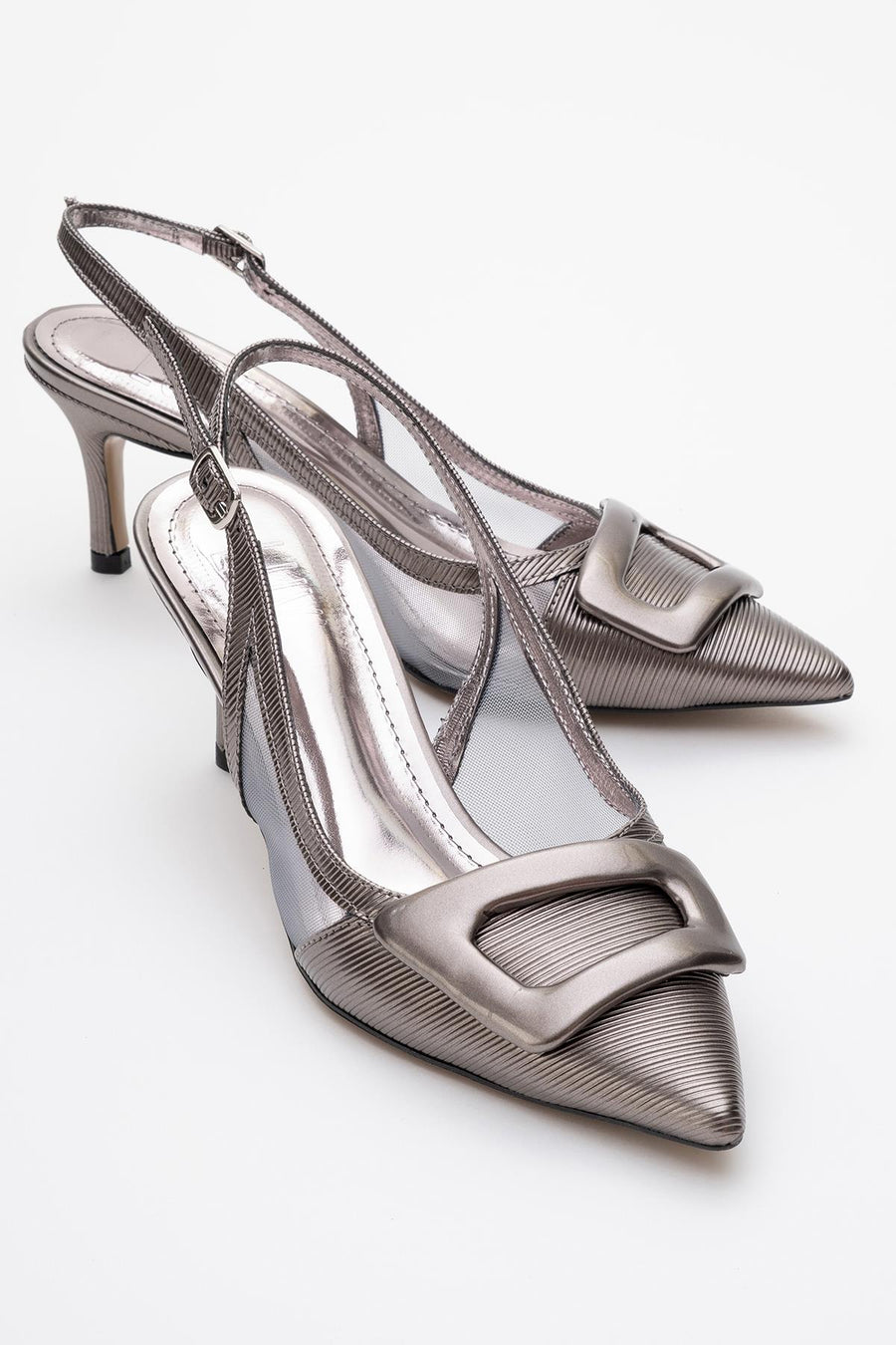 Foley - Platinum Striped Pointed Toe Backless Stiletto Pump