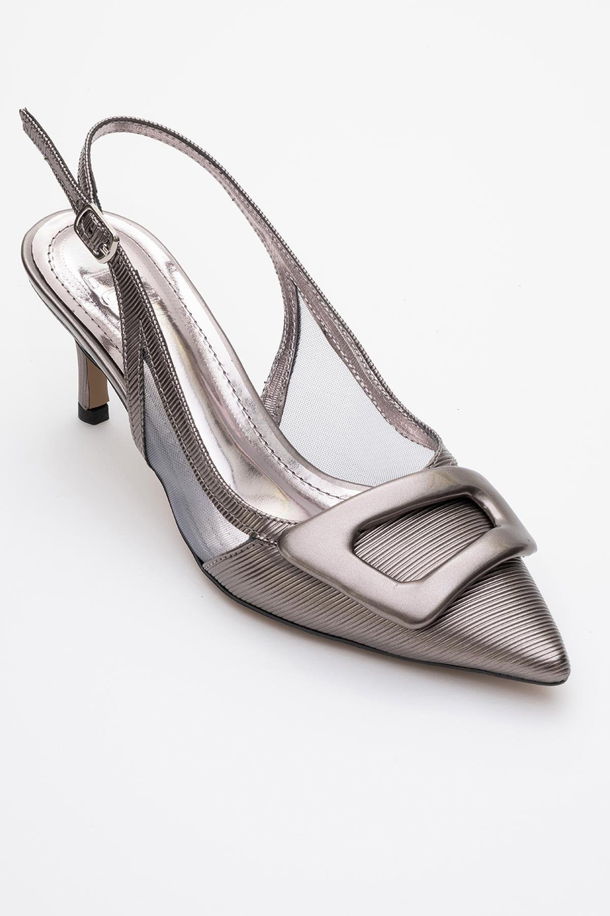 Foley - Platinum Striped Pointed Toe Backless Stiletto Pump – side view showing leather, SimmiUnique