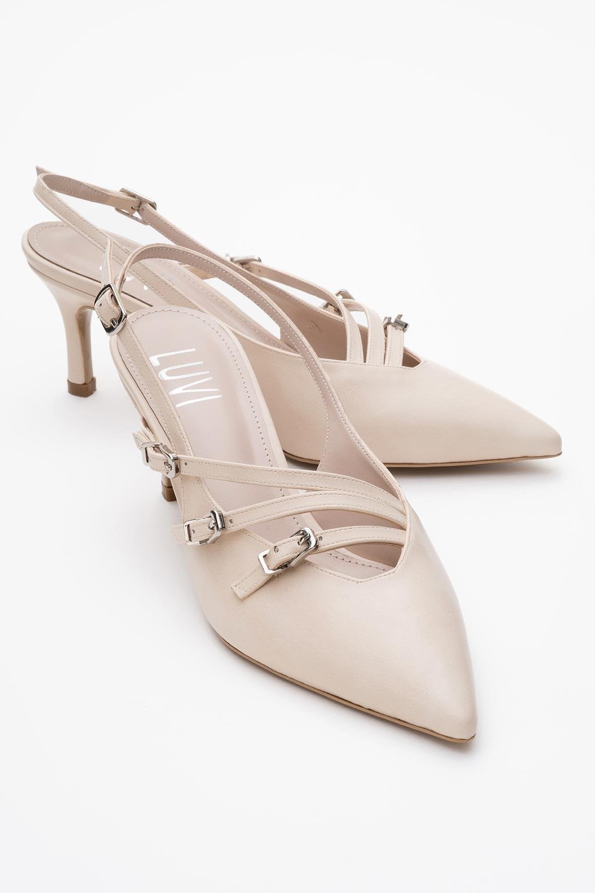 Magra Beige Cilt Pointed-Toe Slingback Stiletto – front three-quarter view showing leather, red, SimmiUnique