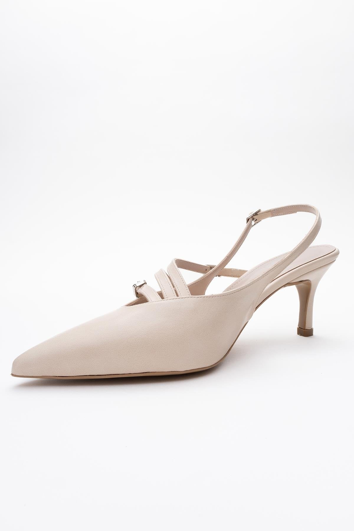 Magra Beige Cilt Pointed-Toe Slingback Stiletto – heel view showing leather, red, SimmiUnique