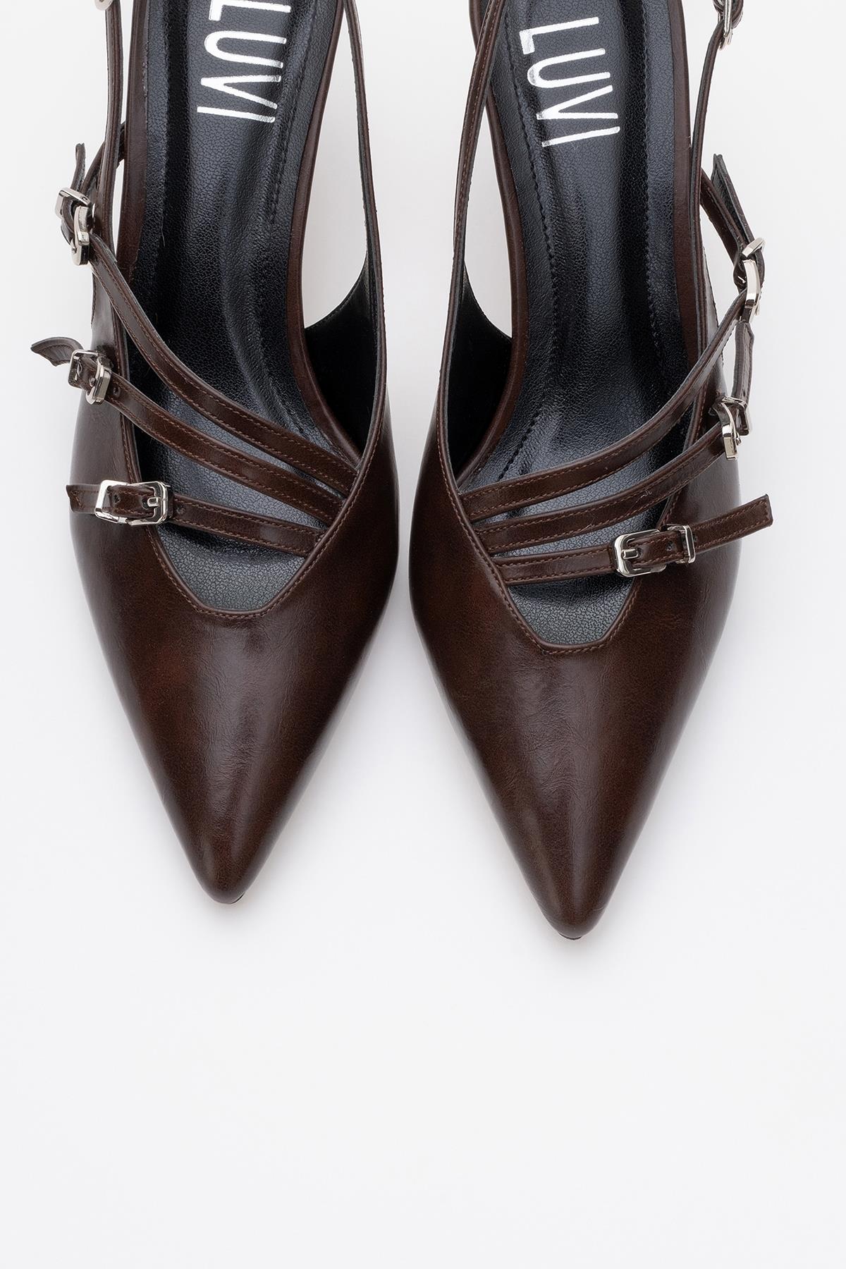 Magra Brown Cilt Pointed-Toe Slingback Stiletto – side view showing leather, red, SimmiUnique