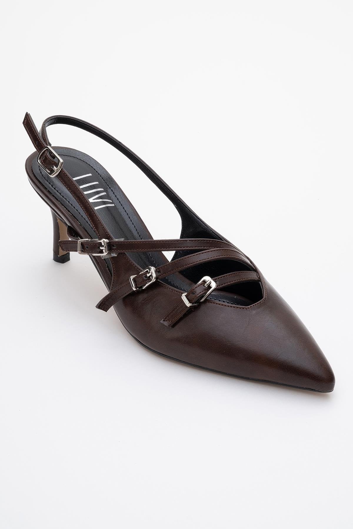 Magra Brown Cilt Pointed-Toe Slingback Stiletto – detail view showing leather, red, SimmiUnique
