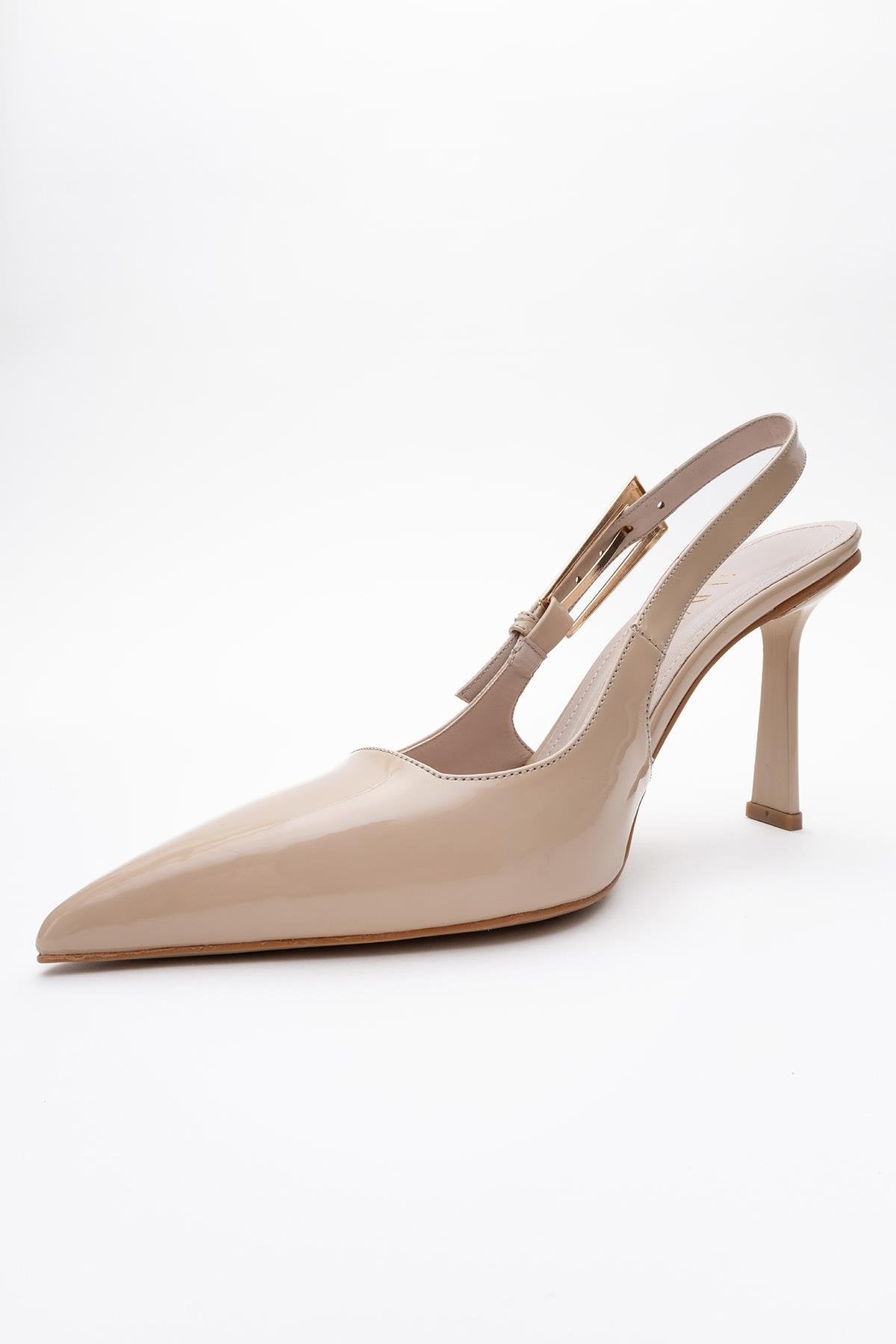 Glory - Beige Patent Buckled Stiletto Pump – heel view showing leather, SimmiUnique