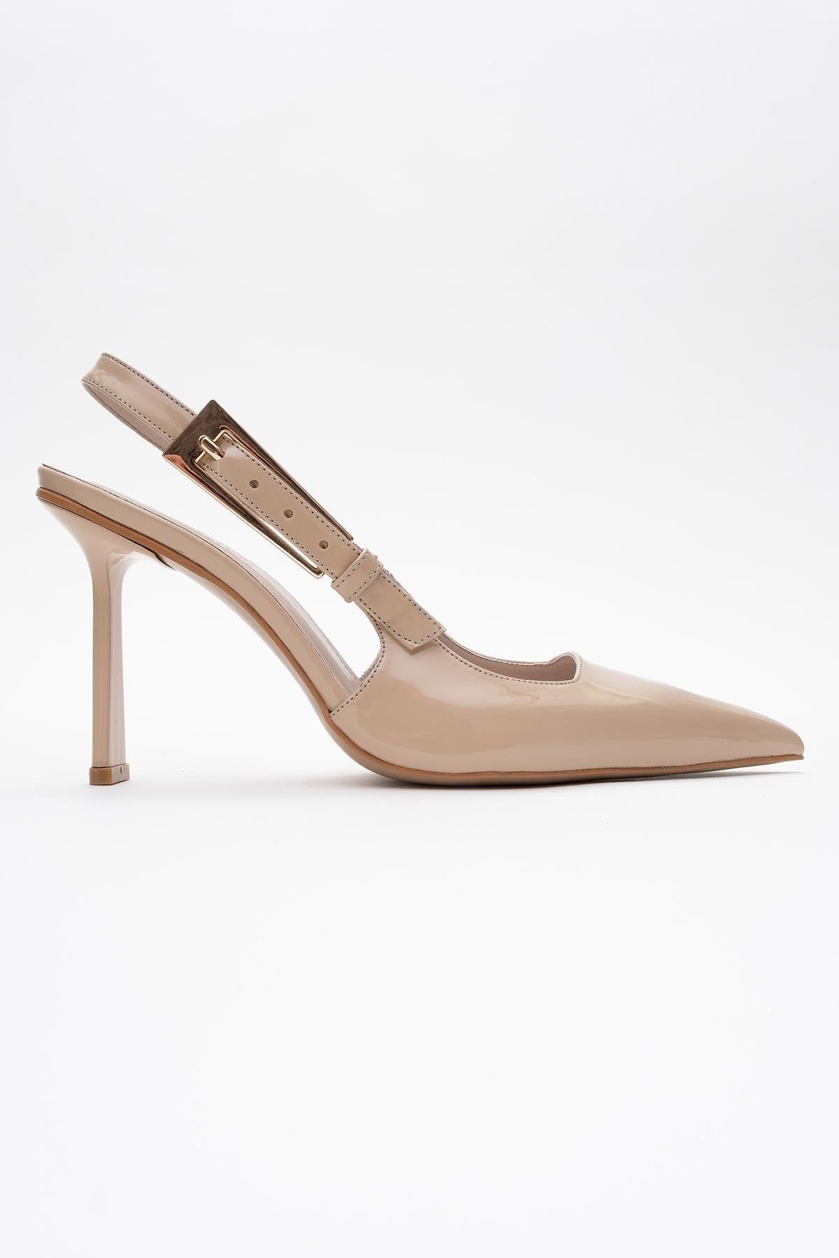 Glory - Beige Patent Buckled Stiletto Pump – top view showing leather, SimmiUnique