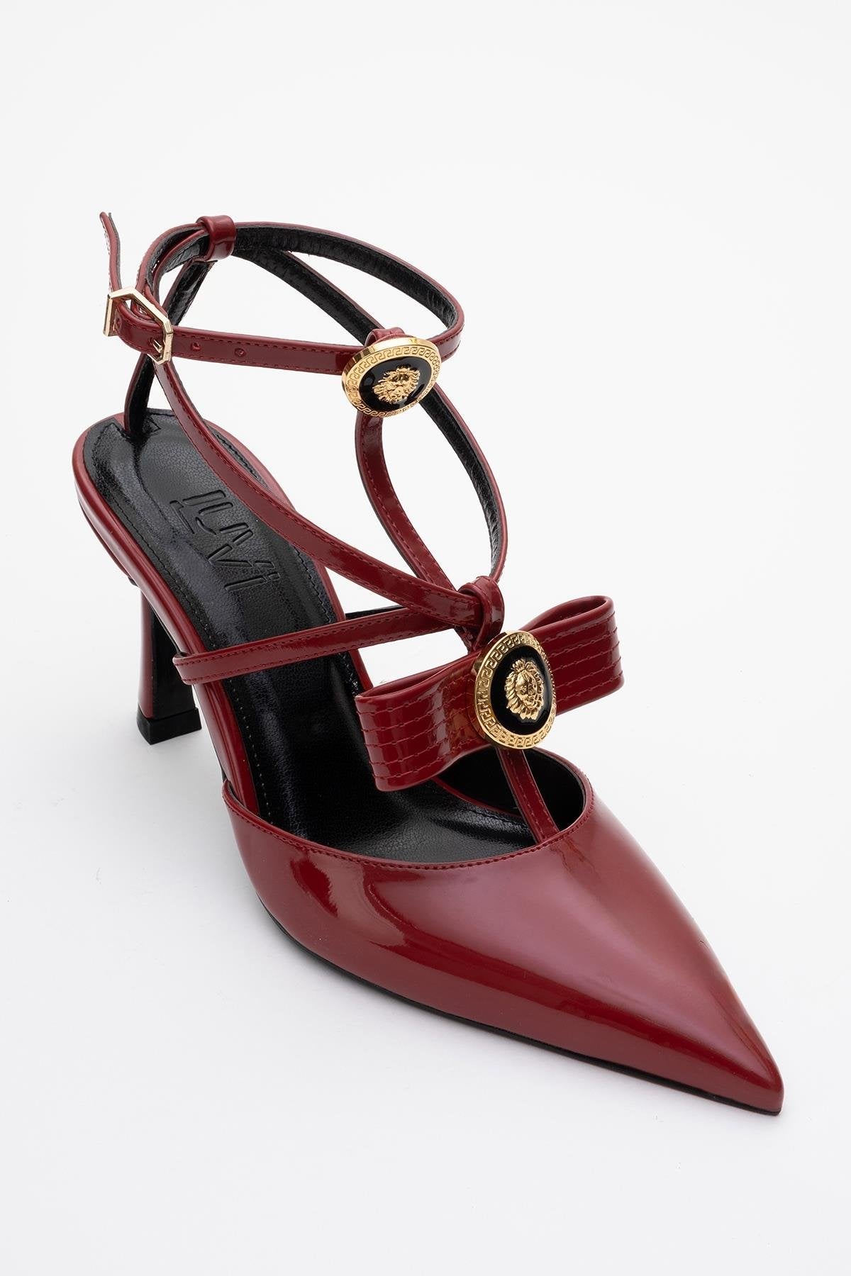 Peal - Burgundy Patent Heeled Shoe – heel view showing leather, SimmiUnique
