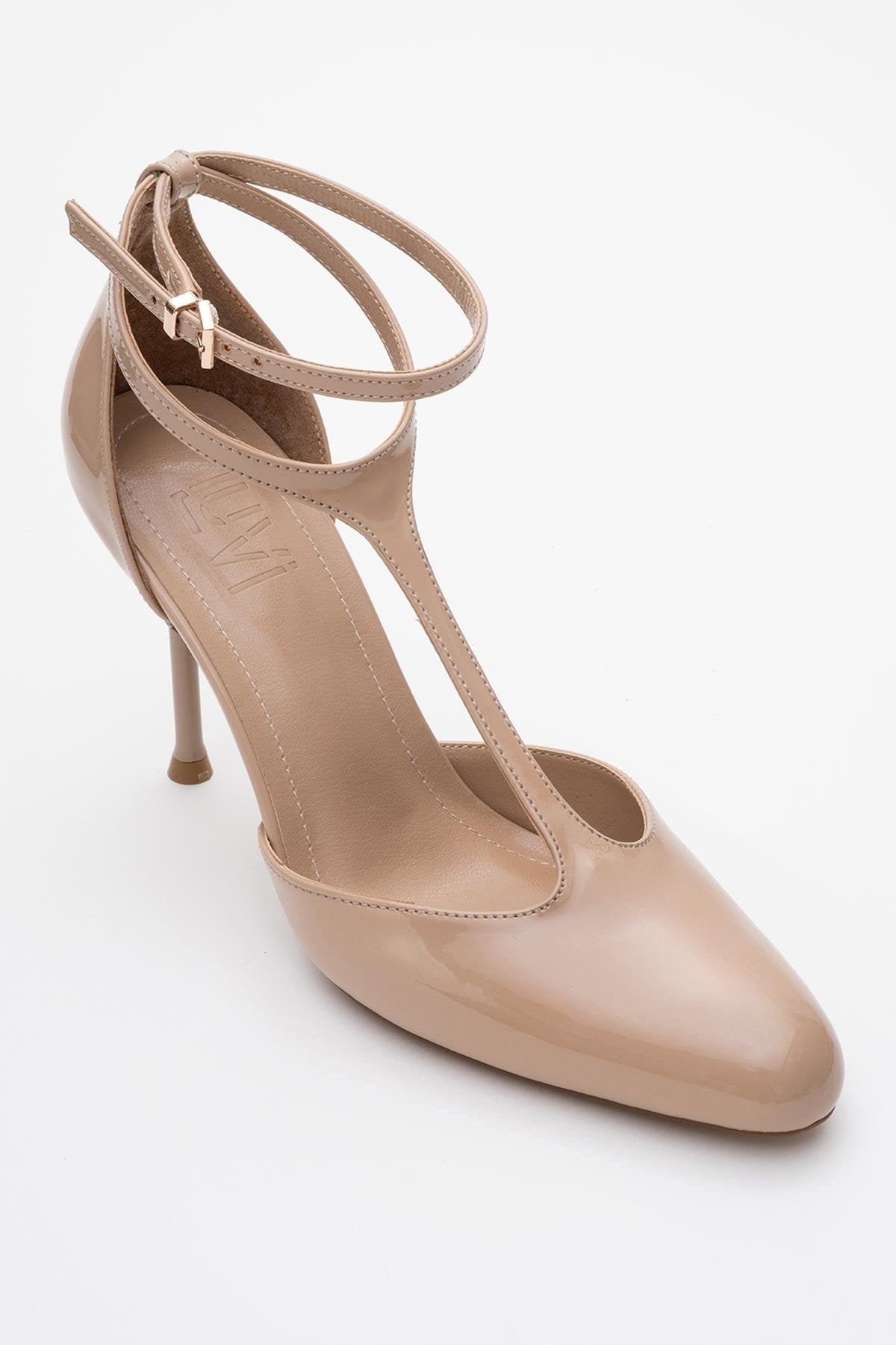 Jon - Beige Patent Stiletto Heel Shoe – detail view showing leather, SimmiUnique