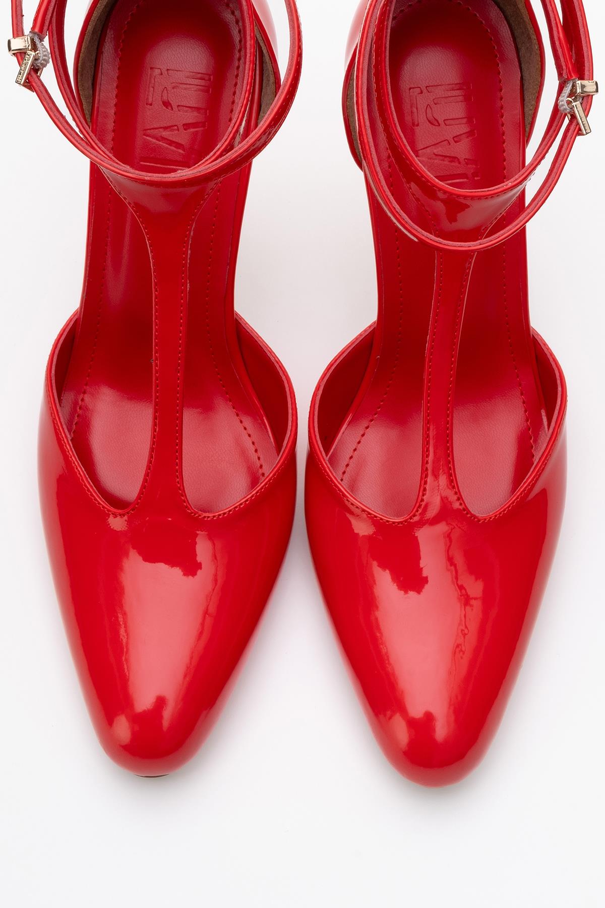 Jon - Red Patent Stiletto Heel Shoe – side view showing leather, red, SimmiUnique