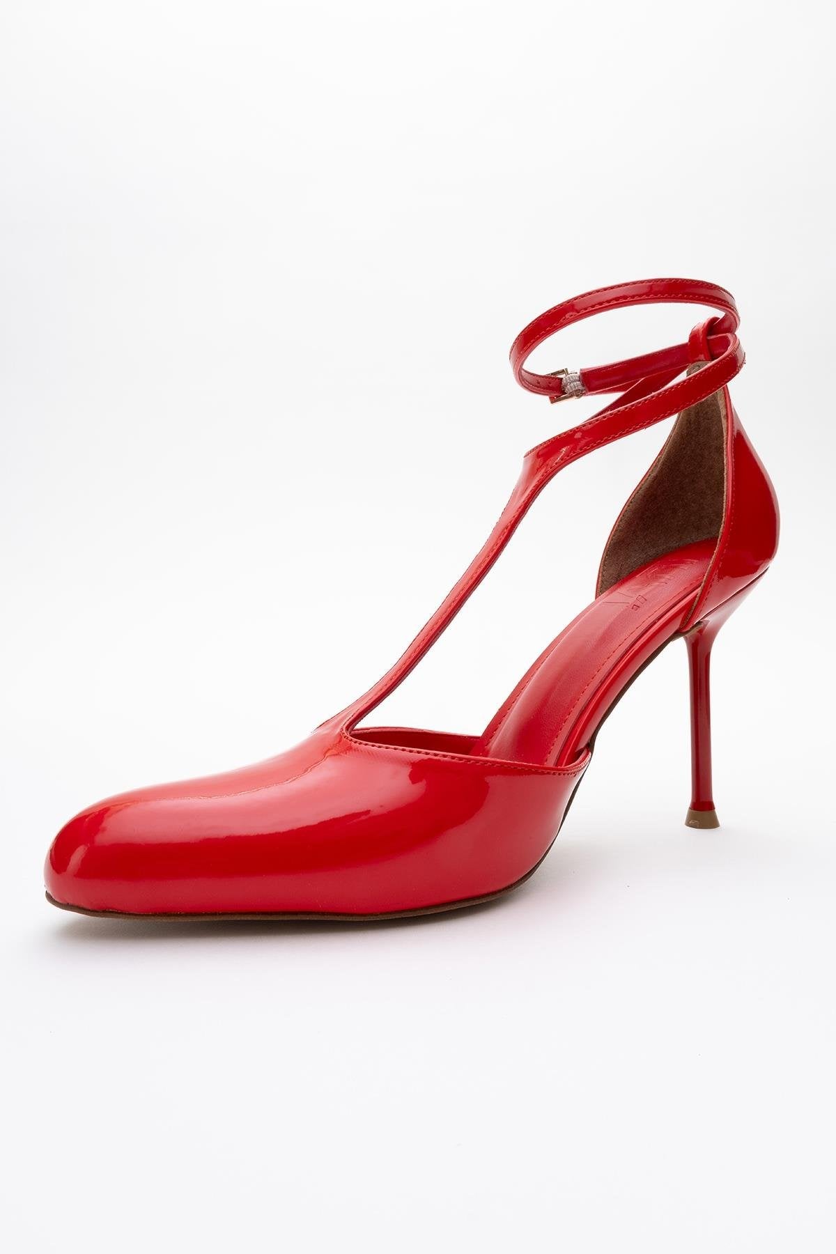Jon - Red Patent Stiletto Heel Shoe – heel view showing leather, red, SimmiUnique