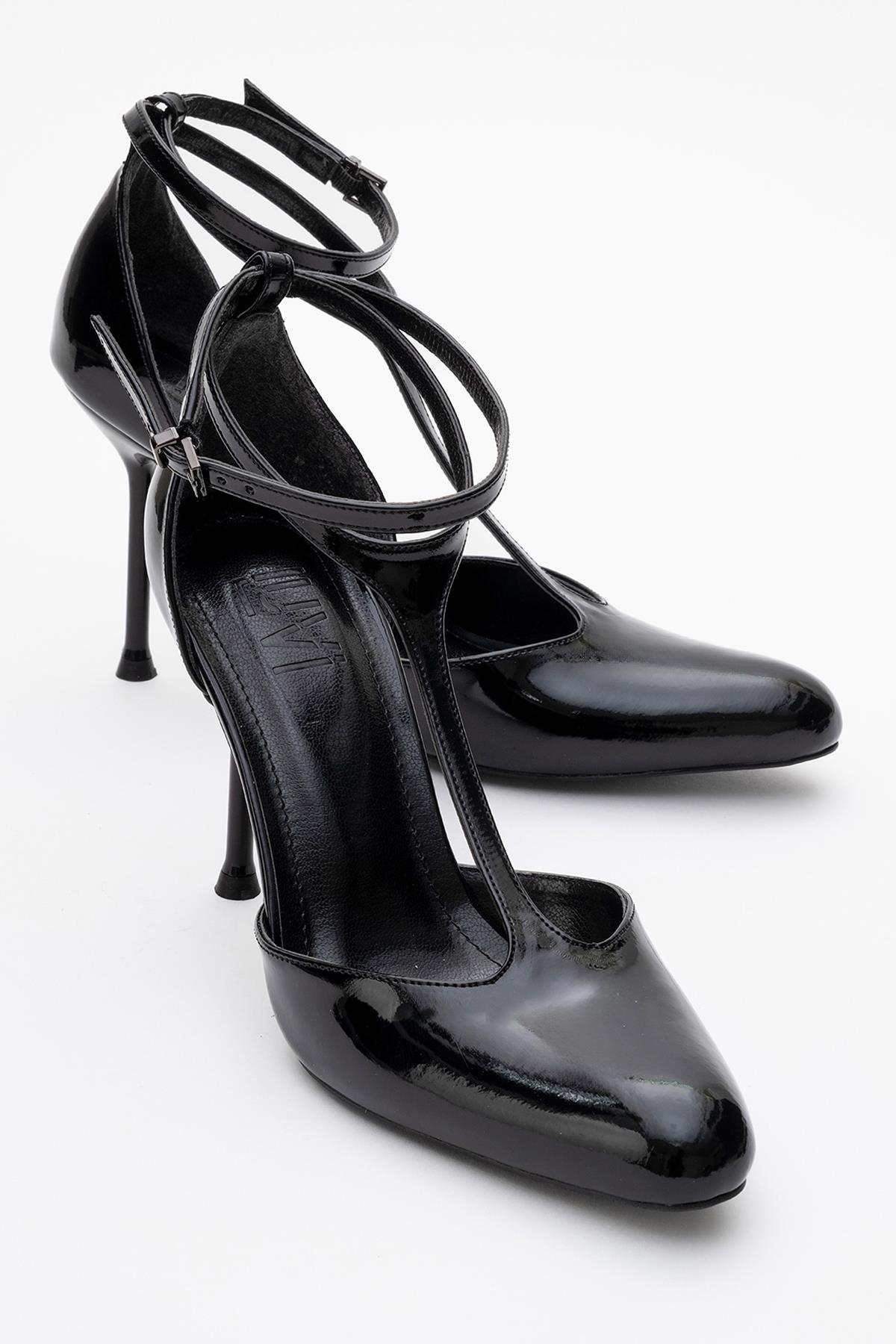 Jon - Black Patent Stiletto Heel Shoe – front three-quarter view showing leather, black, red, SimmiUnique