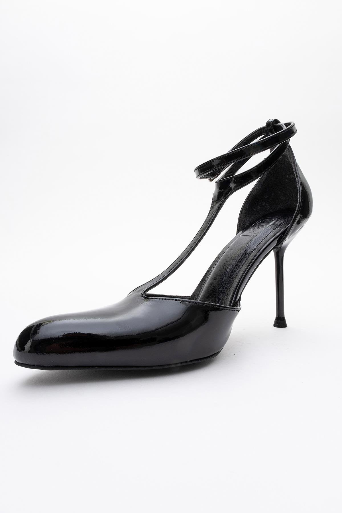 Jon - Black Patent Stiletto Heel Shoe – heel view showing leather, black, red, SimmiUnique