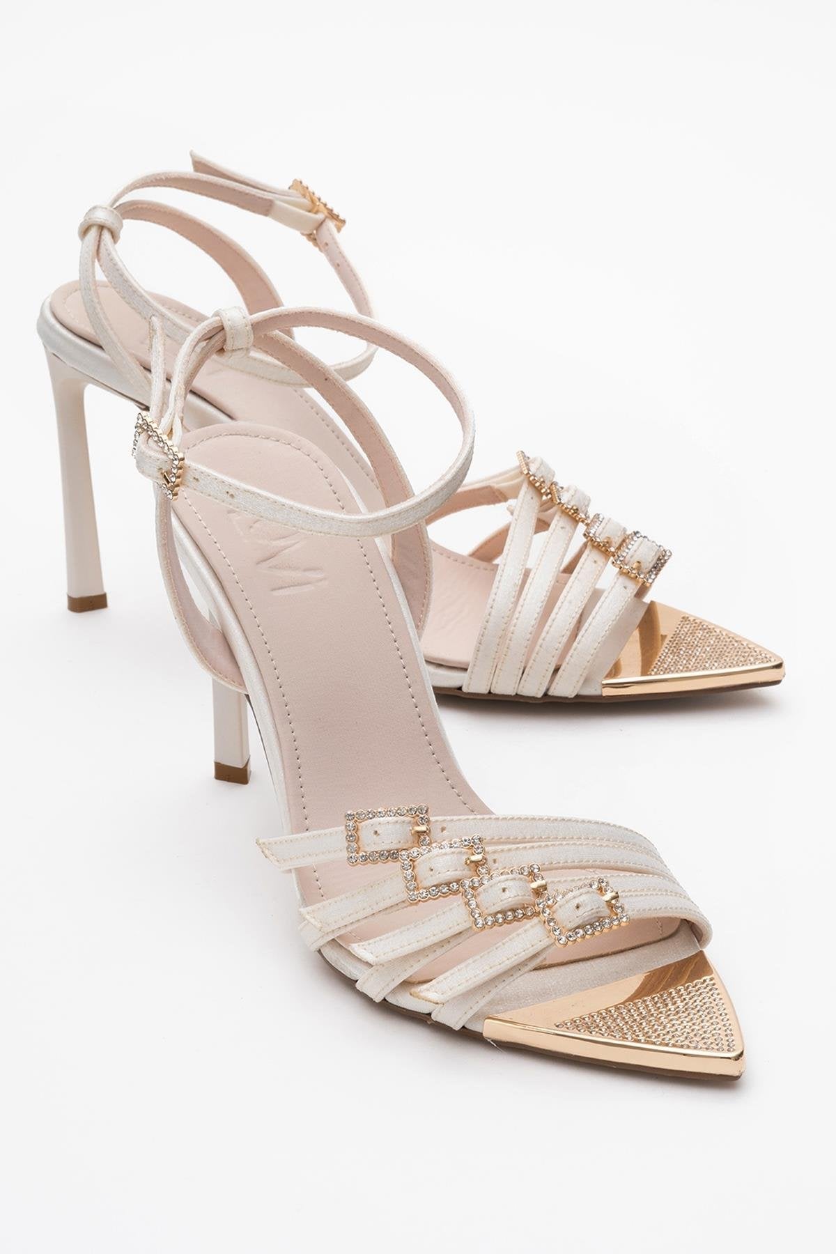 Auro - Beige Satin Jeweled Buckle Heeled Shoe – front three-quarter view showing satin, SimmiUnique