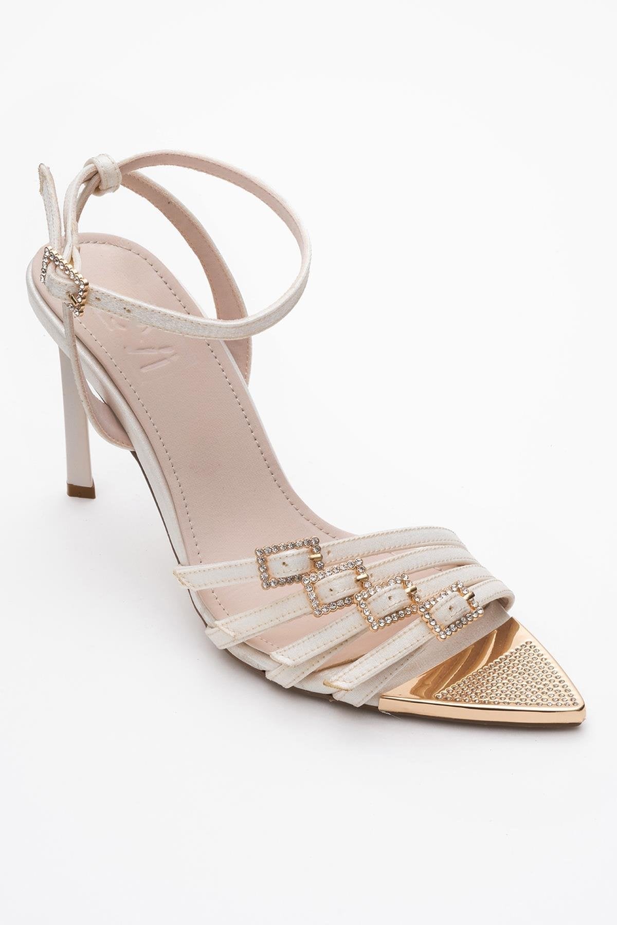 Auro - Beige Satin Jeweled Buckle Heeled Shoe – detail view showing satin, SimmiUnique