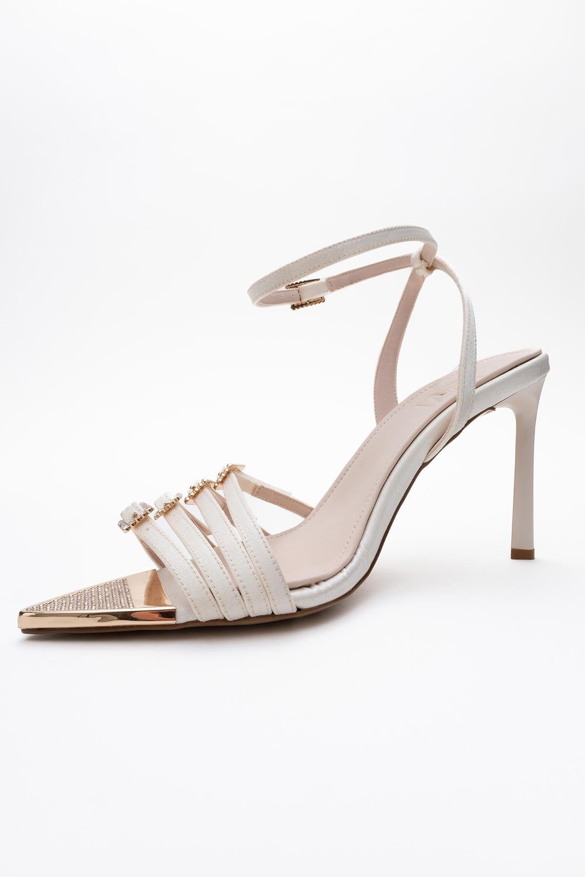 Auro - Beige Satin Jeweled Buckle Heeled Shoe – heel view showing satin, SimmiUnique