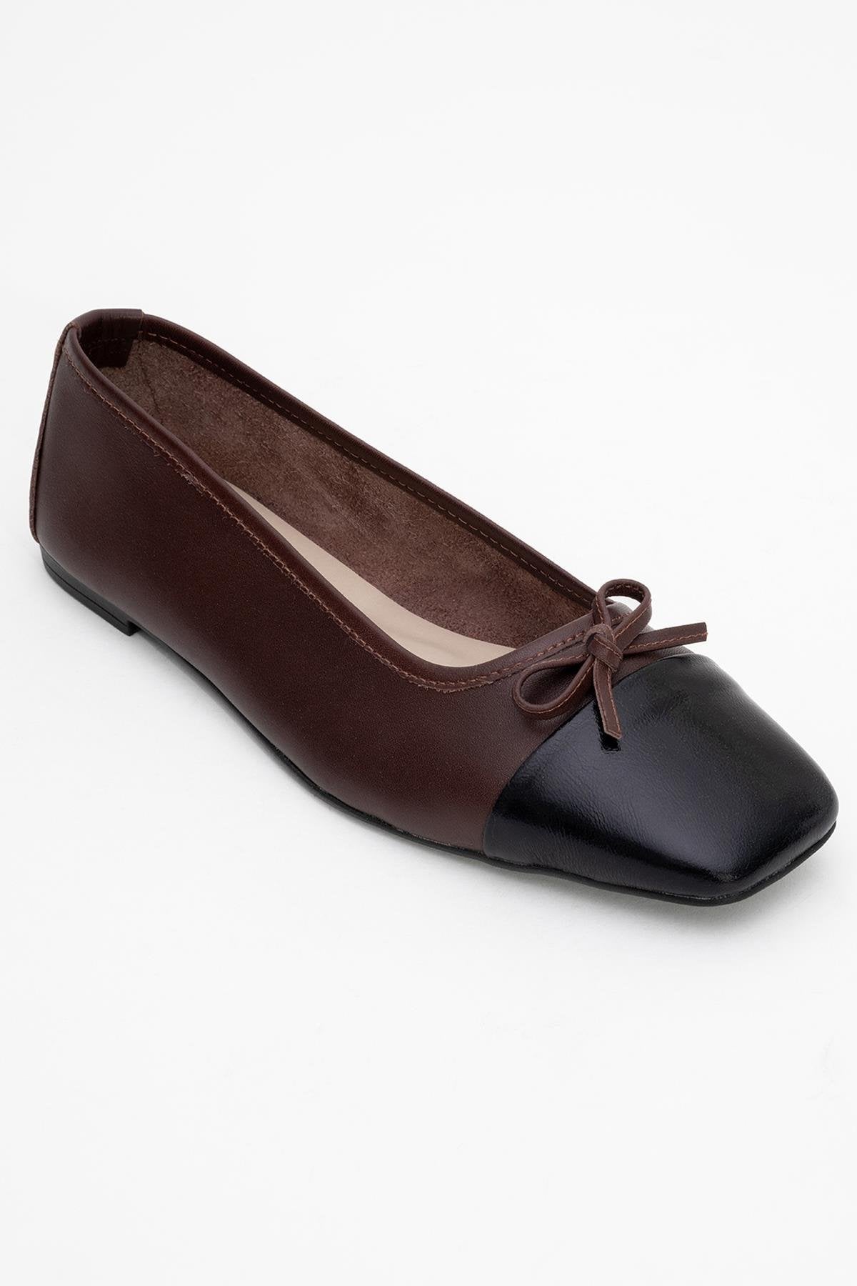 Romy - Brown-Black Genuine Leather Ballet Flat – detail view showing leather, black, SimmiUnique