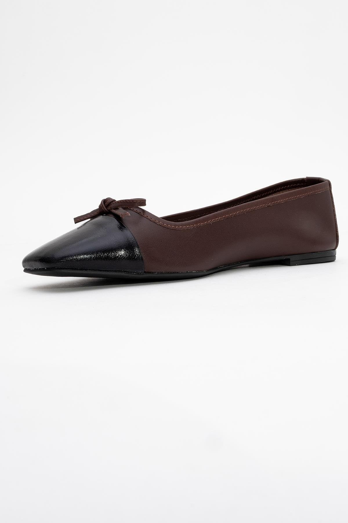 Romy - Brown-Black Genuine Leather Ballet Flat – heel view showing leather, black, SimmiUnique
