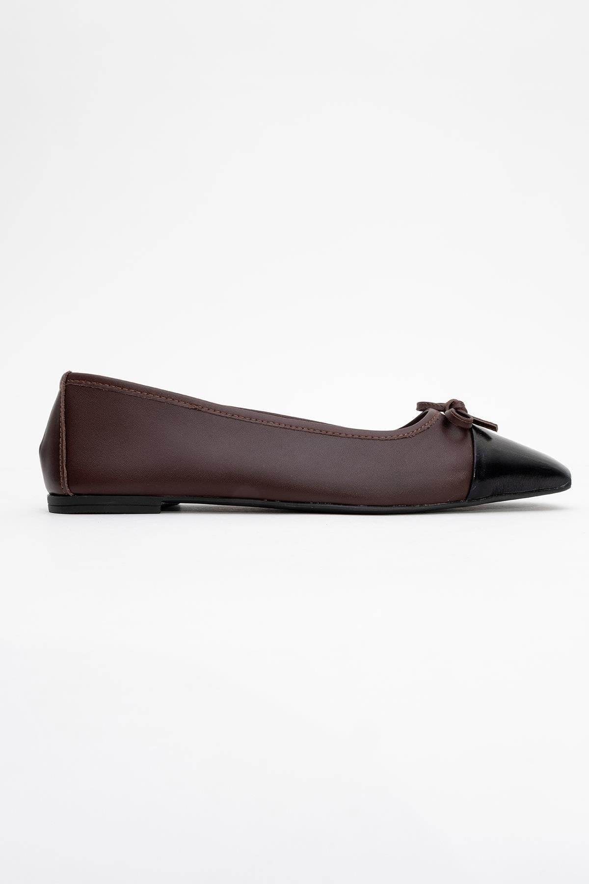 Romy - Brown-Black Genuine Leather Ballet Flat – top view showing leather, black, SimmiUnique