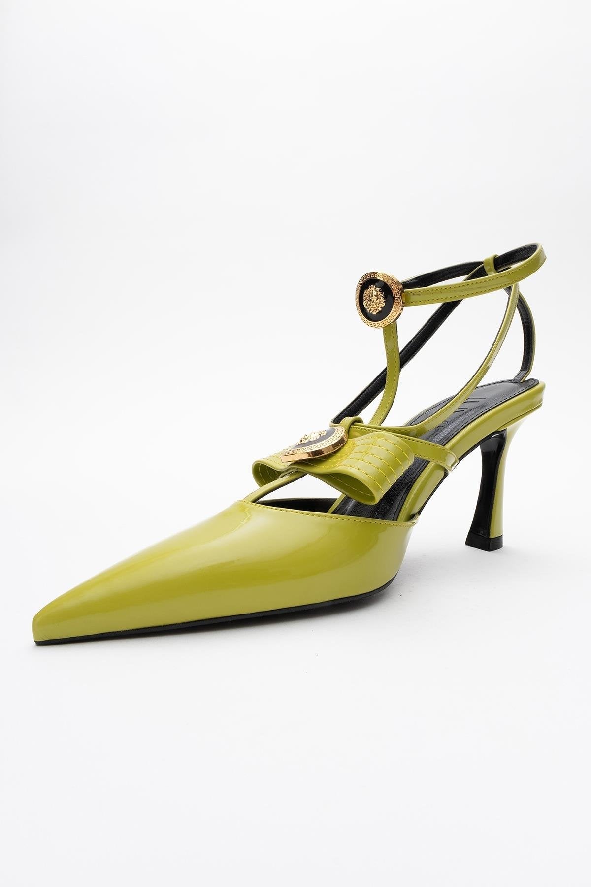 Peal - Green Patent Heeled Shoe – back view showing leather, green, SimmiUnique