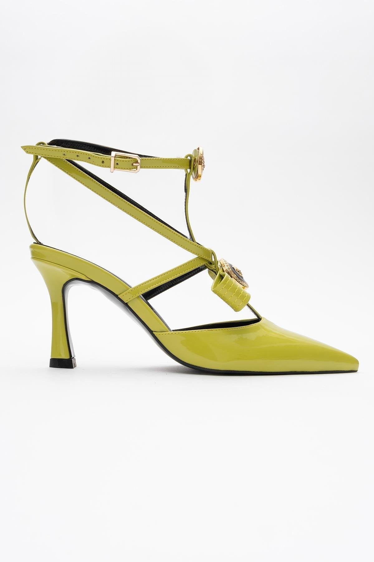 Peal - Green Patent Heeled Shoe – sole view showing leather, green, SimmiUnique