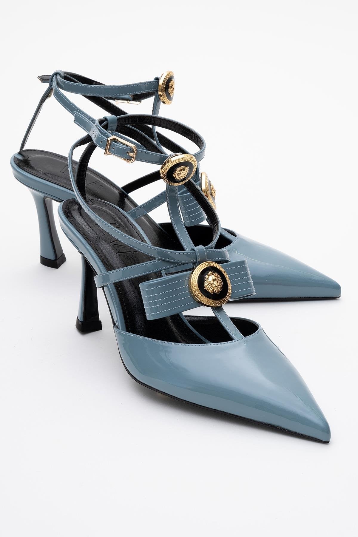 Peal - Blue Patent Heeled Shoe – front three-quarter view showing leather, blue, SimmiUnique