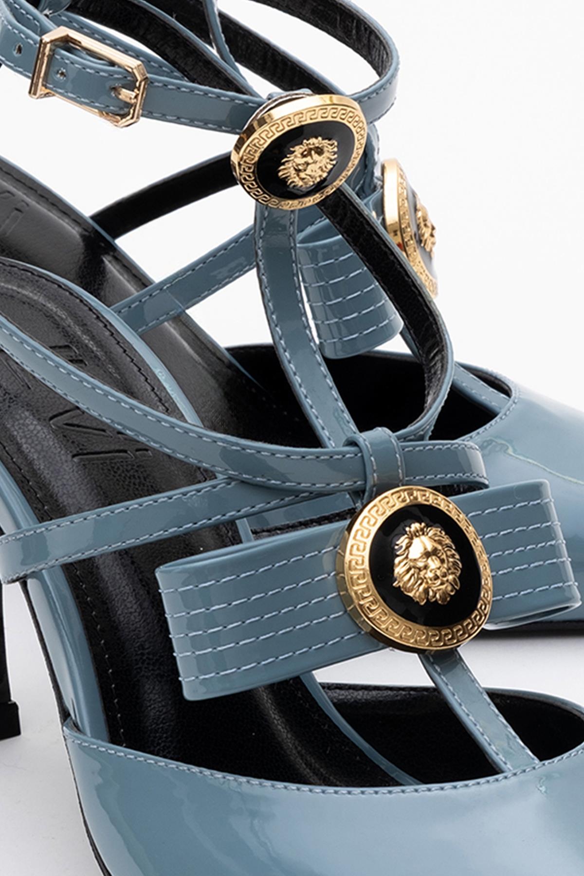 Peal - Blue Patent Heeled Shoe – side view showing leather, blue, SimmiUnique