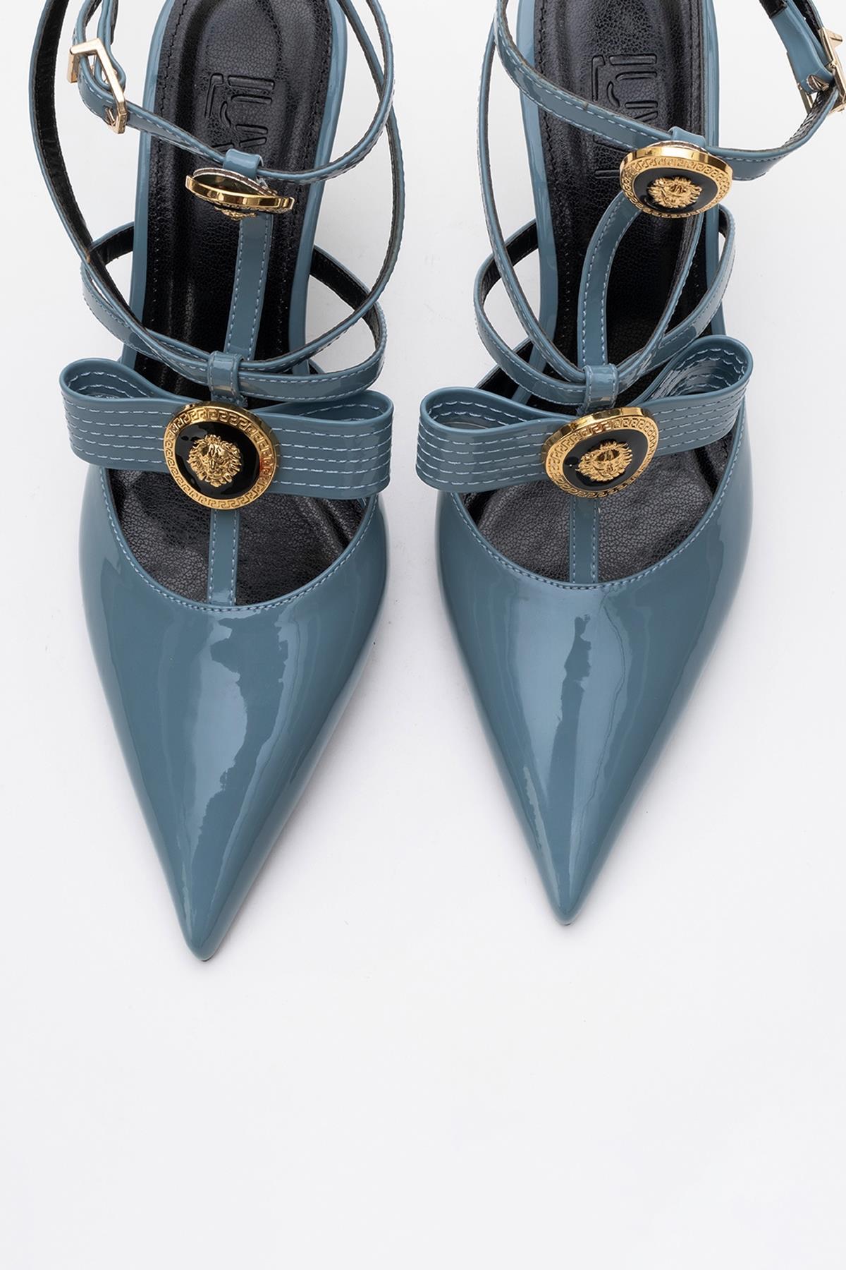 Peal - Blue Patent Heeled Shoe – detail view showing leather, blue, SimmiUnique