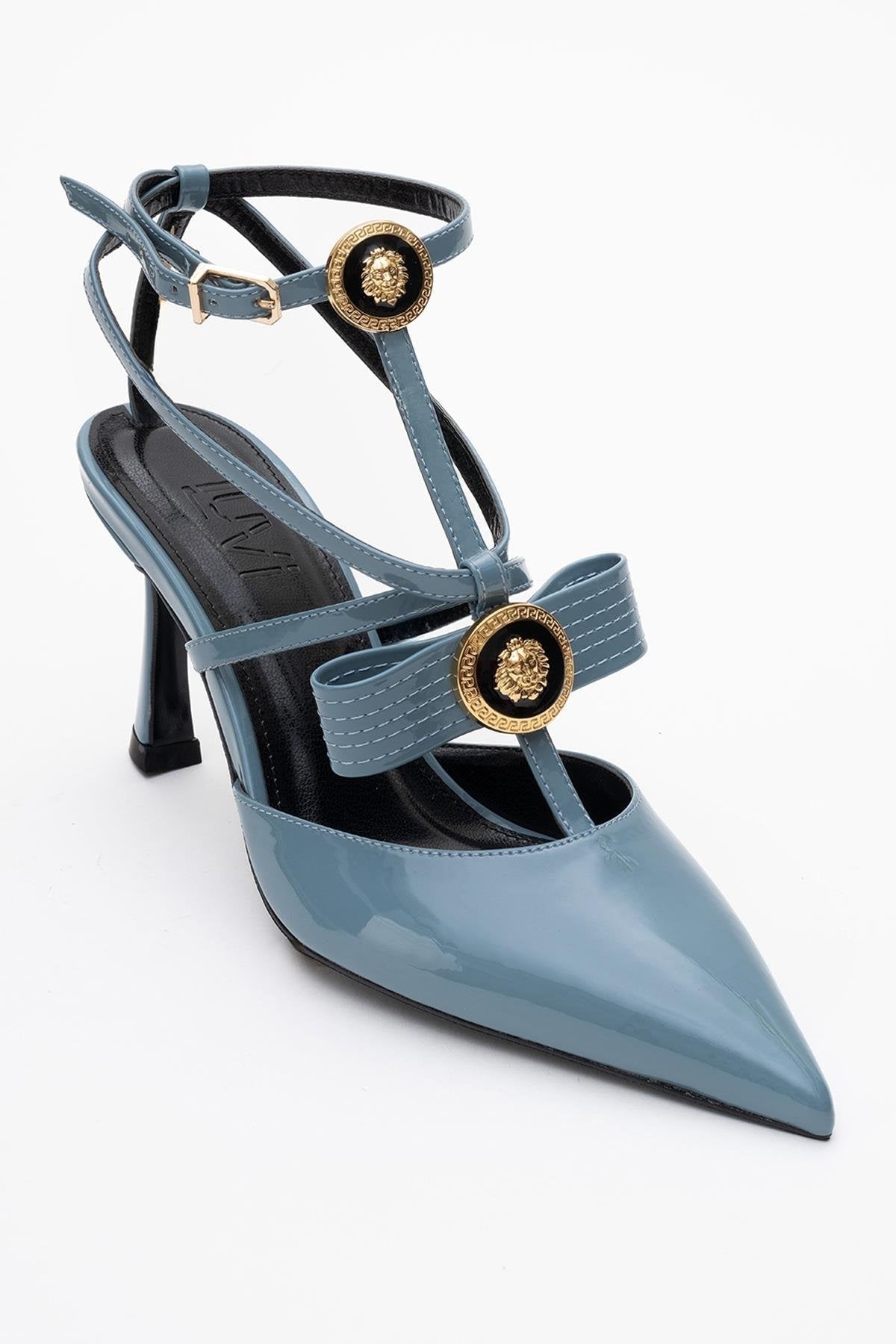 Peal - Blue Patent Heeled Shoe – heel view showing leather, blue, SimmiUnique