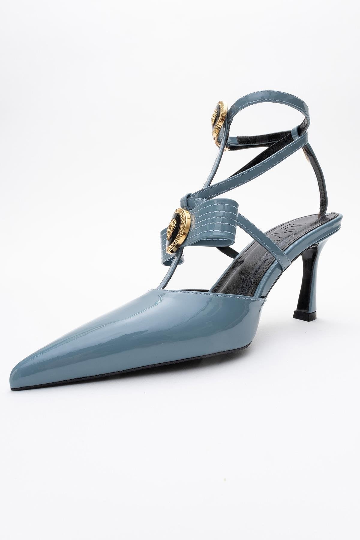 Peal - Blue Patent Heeled Shoe – back view showing leather, blue, SimmiUnique